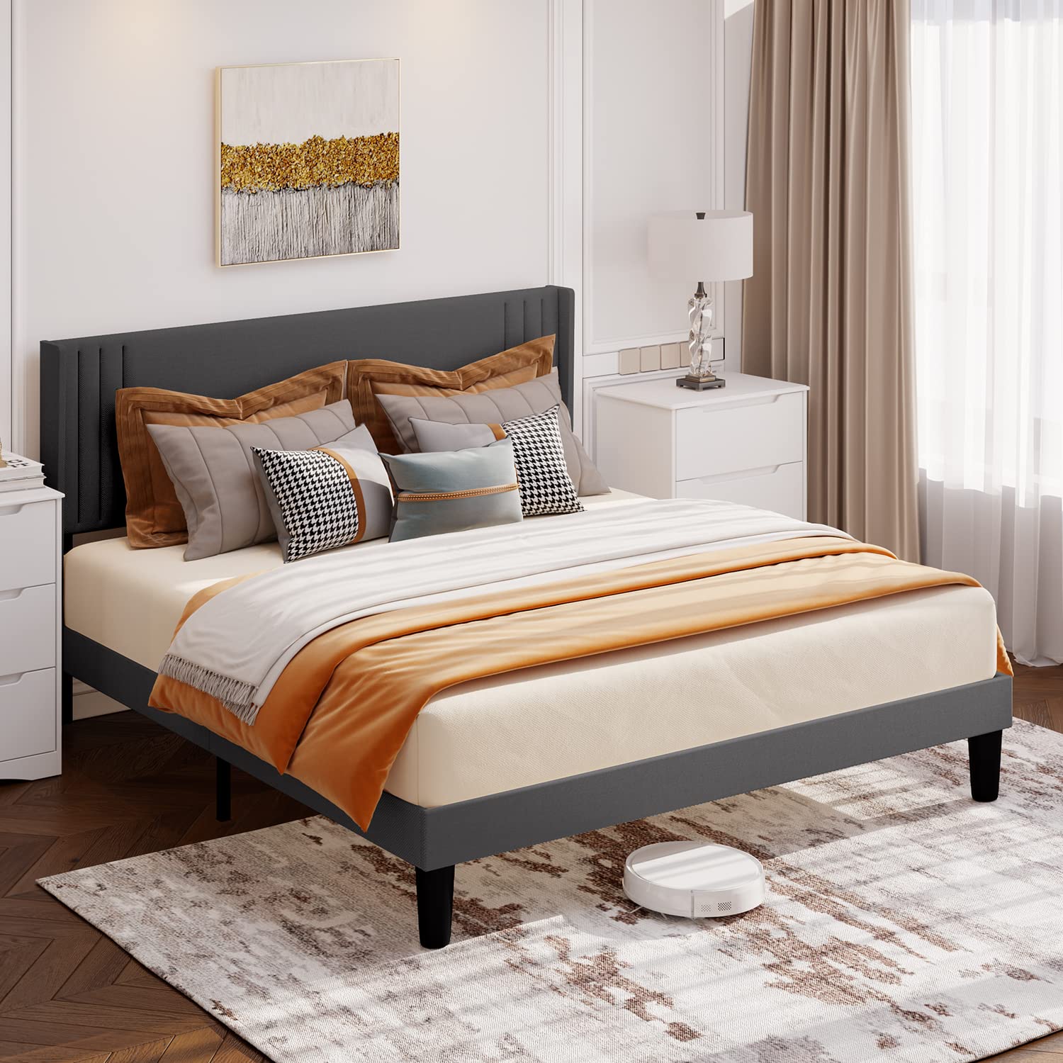 Upholstered Platform Bed, Aiho Full Size Bed Frame with Underneath Storage & Modern Wingback Headboard & No Box Spring Needed - Gray