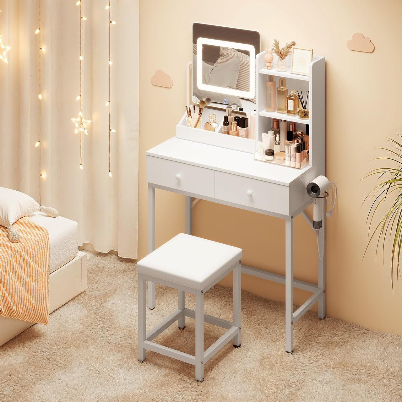 Aiho Makeup Vanity Desk with Vanity Stool, Storage Drawers and 3 Shelves, Vanity Desk with Square Mirror and Adjustable Lights, For Bedroom, Bathroom, Living Room and Closet Room-White