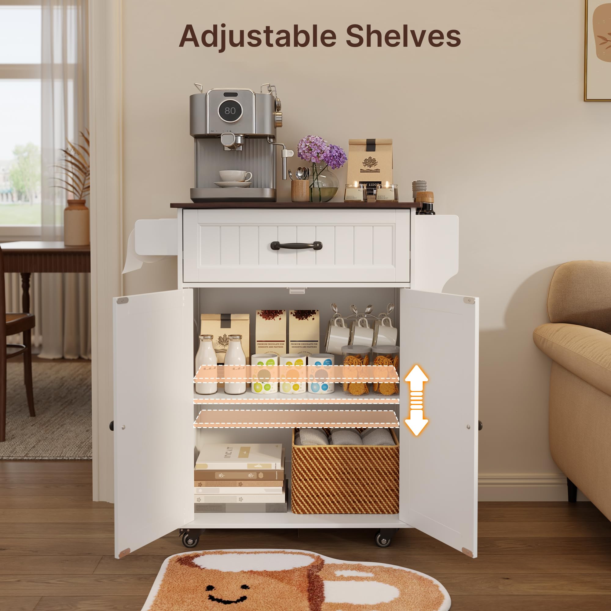 Aiho Kitchen Island with Storage, Microwave Stand with Worktop, Spice Rack & Adjustable Shelves & 1 Drawer, Perfect for Kitchen, Bar, Retro Tabletop