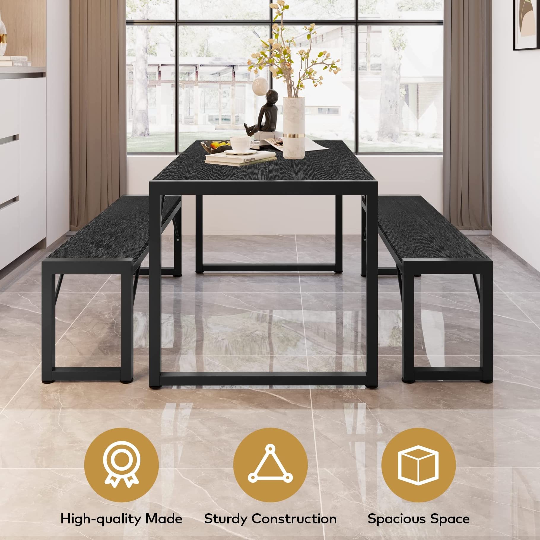 Aiho 3 Piece Kitchen Dining Set with 2 Benches &amp; Wood Table Top, Small Kitchen Table Set for 4, Modern Dining Room Sets for Kitchen, Living Room - Black
