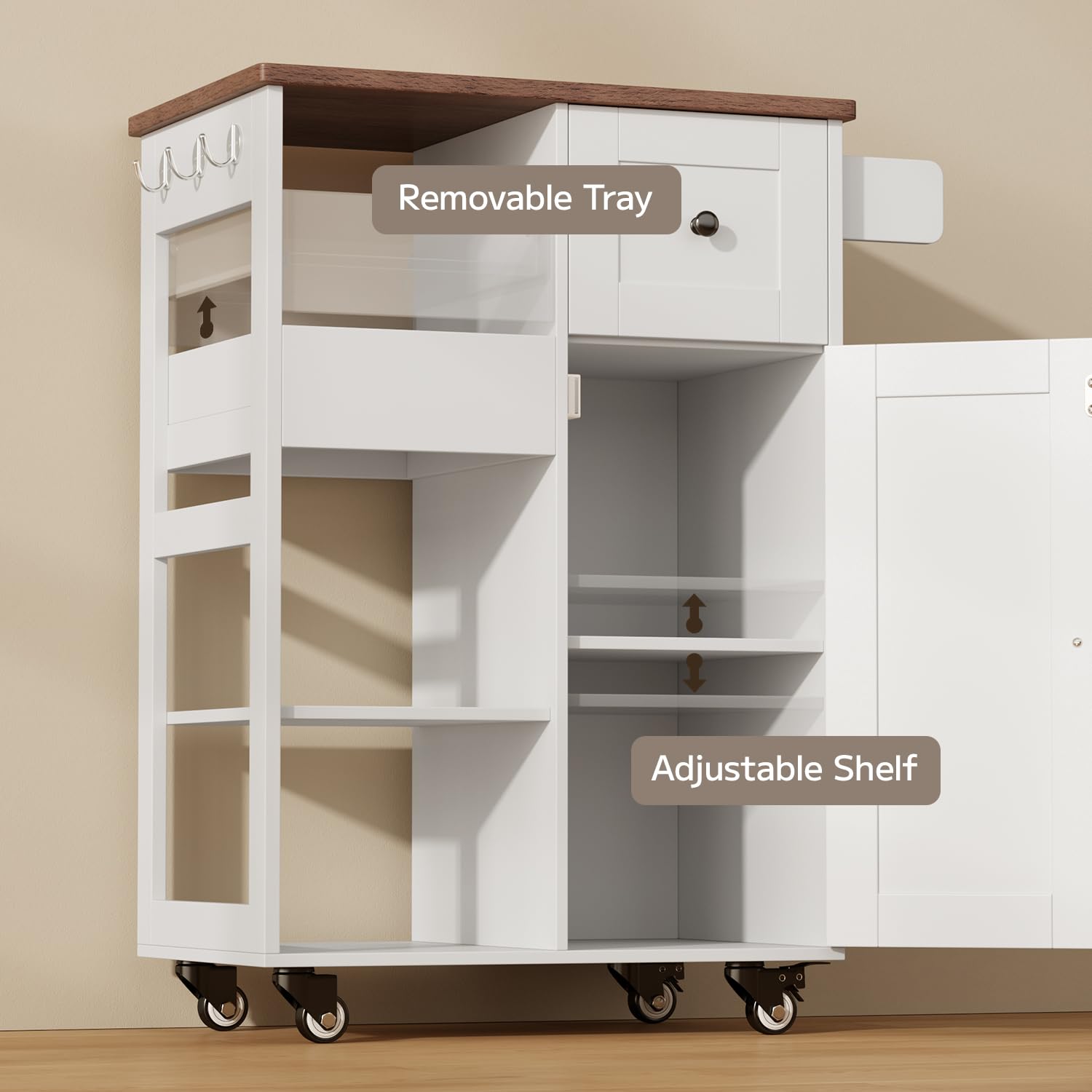 23.6" W Aiho Rolling Kitchen Island on Wheels with Spice Rack, Removable Tray, Drawers, Island Table for Kitchen with Adjustable Shelves, For Kitchen, Dining Room, Coffee Bar, White and Retro Tabletop