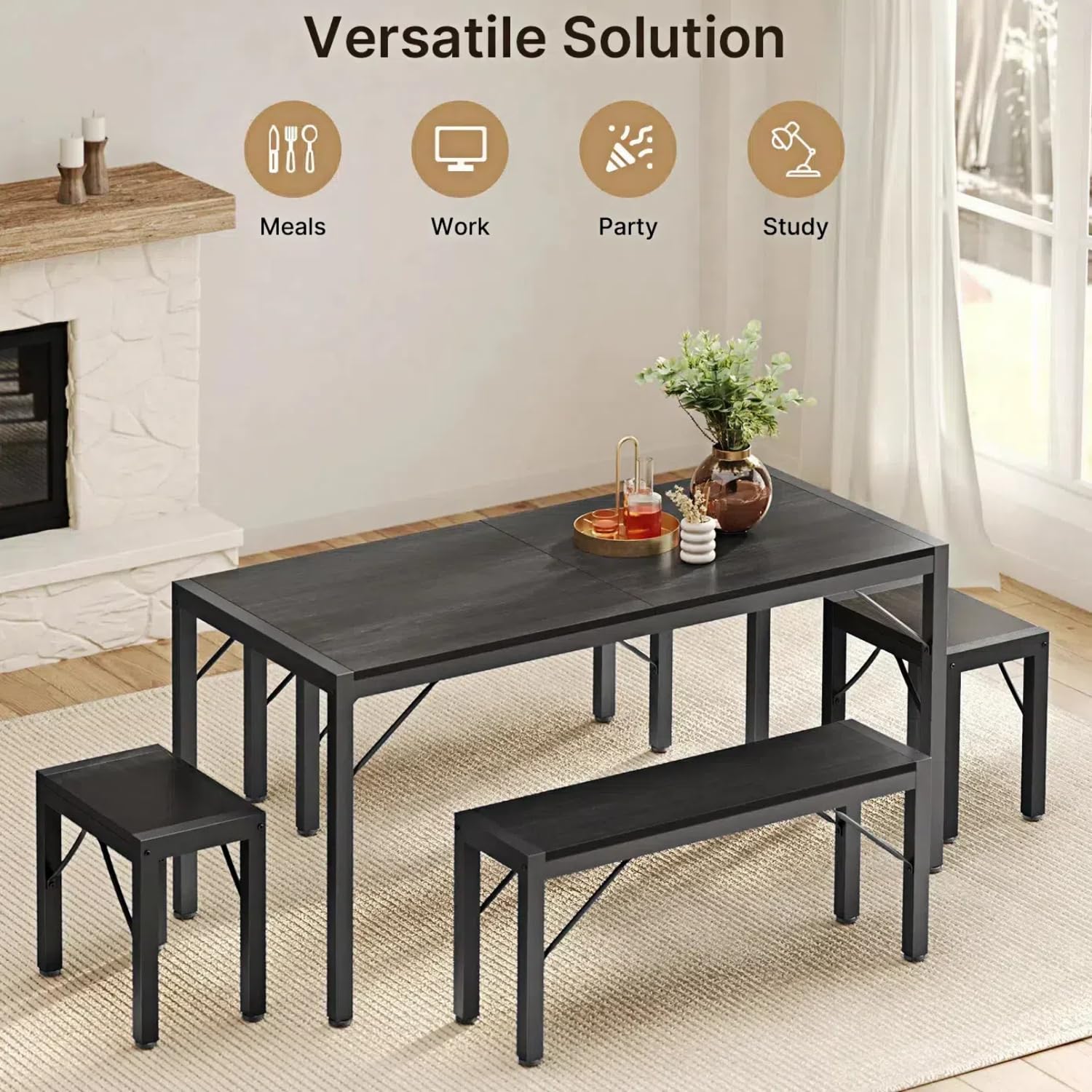 Aiho 63" Dining Table Set for 6, Kitchen Table with 2 Stools & 2 Benches, Wood Dining Room Dinette Sets with Metal Frame for Breakfast Nook and Small Space - Black