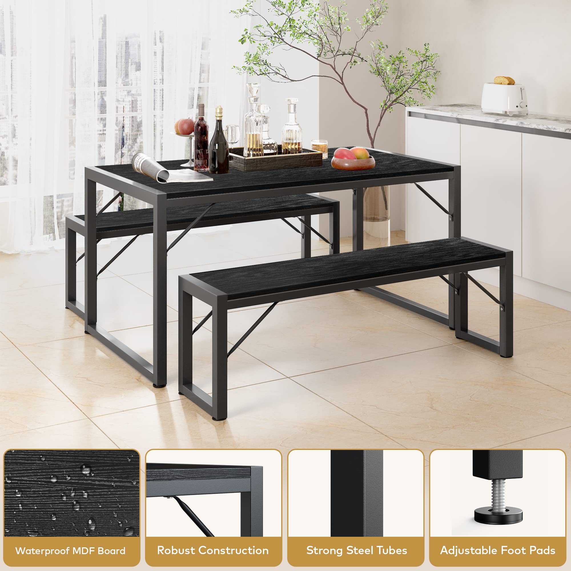 Aiho 3 Piece Kitchen Dining Set with 2 Benches &amp; Wood Table Top, Small Kitchen Table Set for 4, Modern Dining Room Sets for Kitchen, Living Room - Black
