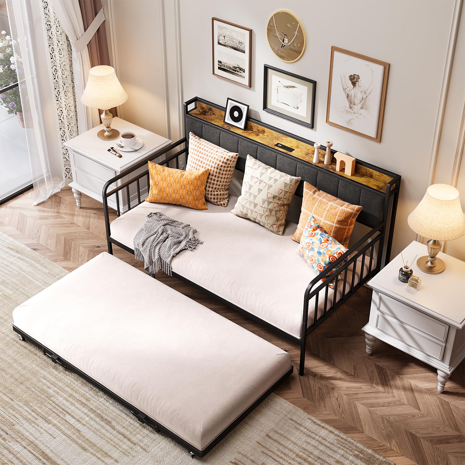 Aiho Daybed with Trundle, Twin Day Bed Frame with Storage Headboard and Charging Station, Sturdy Metal Sofa Bed with Pull-Out Trundle for Living Room, Bedroom and Guest Room - Grey