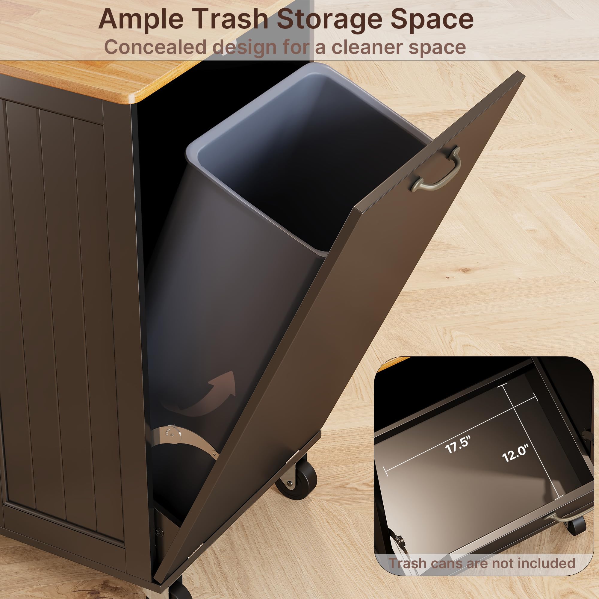 47.2"W Aiho Island Table for Kitchen with Folding Drop Leaf & Spice Rack & Drawer, Kitchen Island with Trash Can Storage for Kichen, Bar, Living Room, Black