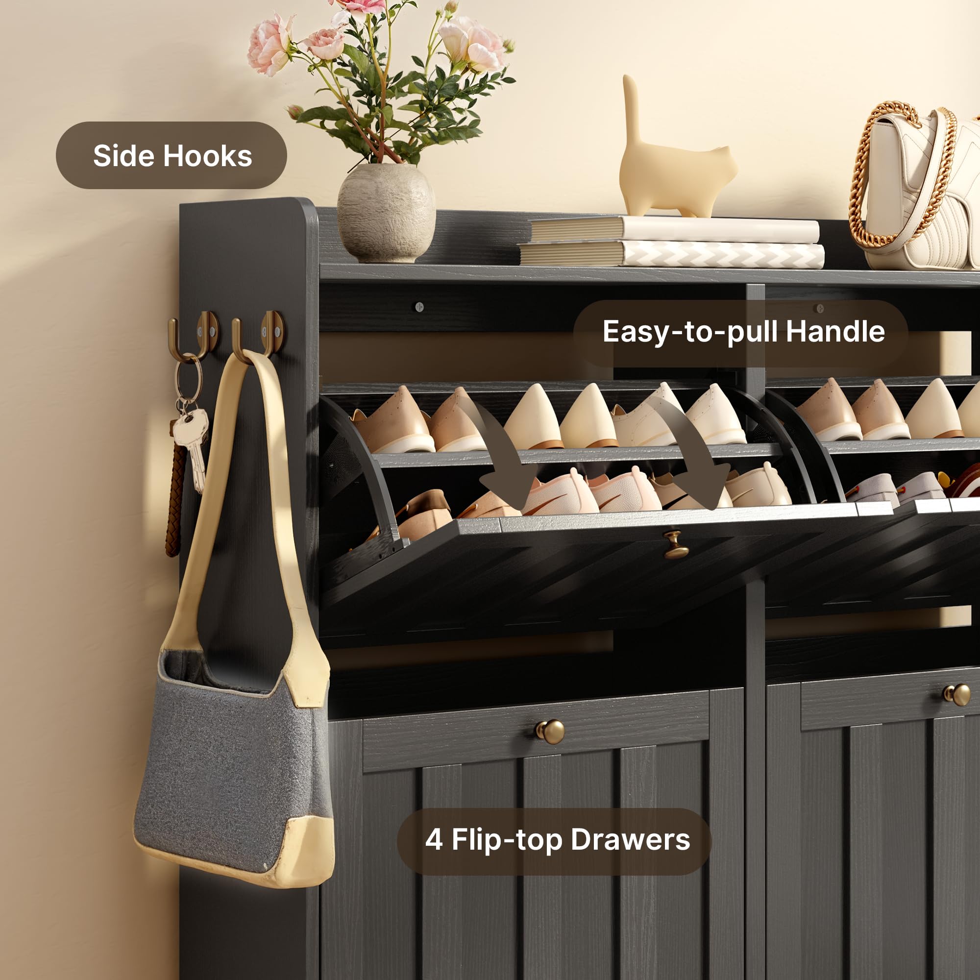 Aiho Shoe Storage Cabinet with 4 Flip Drawers and with Open Storage, MDF Wood Narrow Shoe Cabinet, For Foyer, Hallway, Porch, Living Room, Balcony, Bedroom-Black