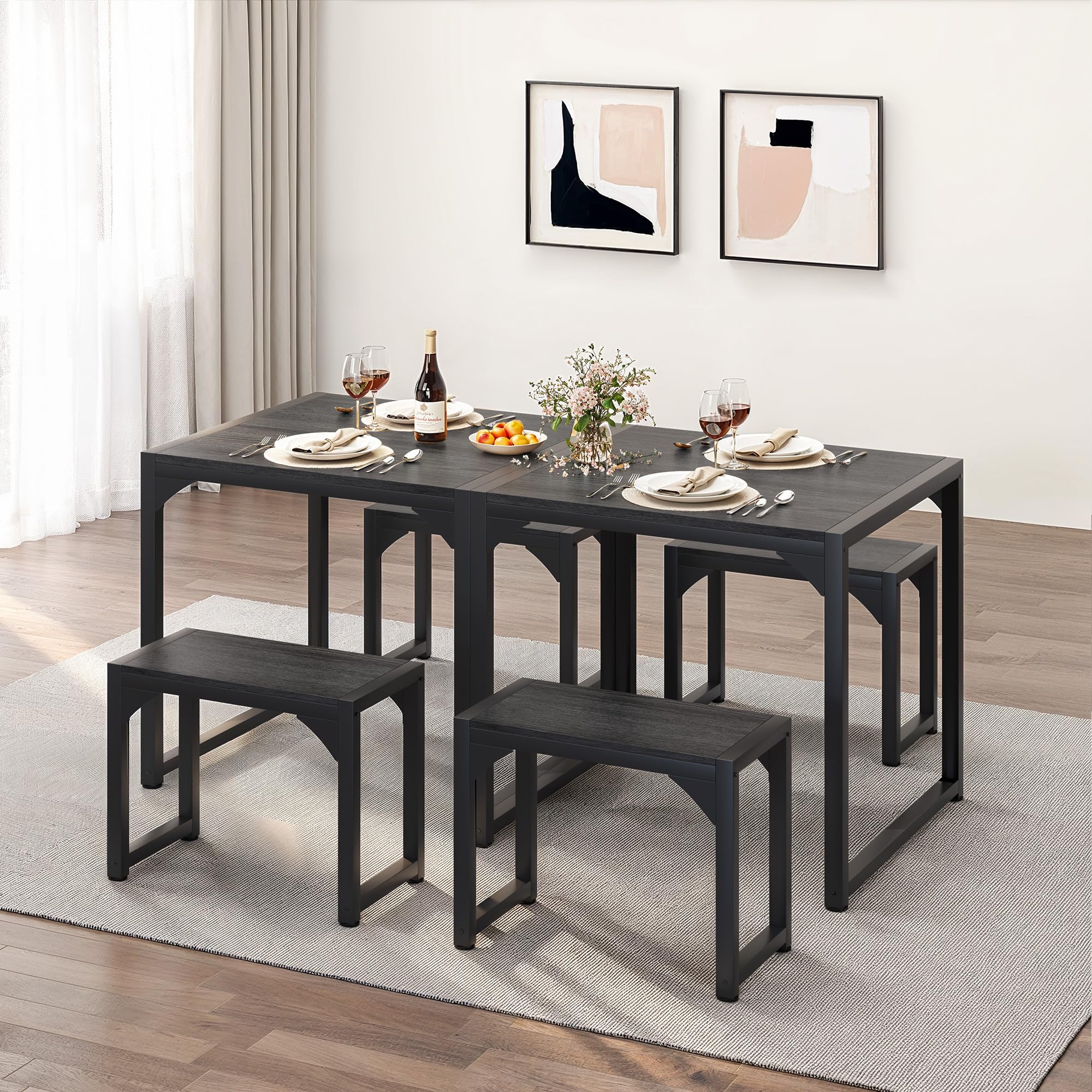 Aiho 25.6" Dining Table Set for 2, Kitchen Table with 2 Stools, Wood Dining Room Dinette Sets with Metal Frame for Breakfast Nook and Small Space - Black