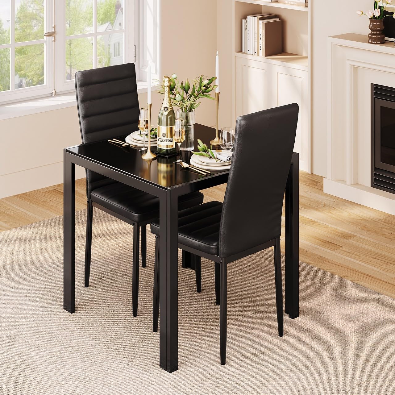 Dining Table Set for 2 Person, Aiho Modern Kitchen Table with 2 PU Leather Chairs for Dining Room, Kitchen, Small Space, White
