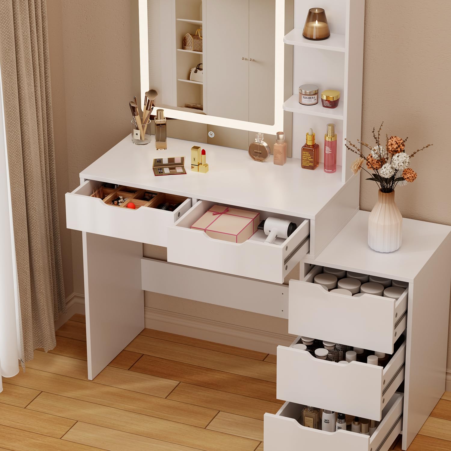 Aiho Vanity Set with Square Mirror and 3 Colors Adjustabe Lights, Makeup Vanity Desk with 5 Drawers, 3 Shelves and Vanity Stool, For Bedroom, Bathroom, Living Room and Closet Room-White