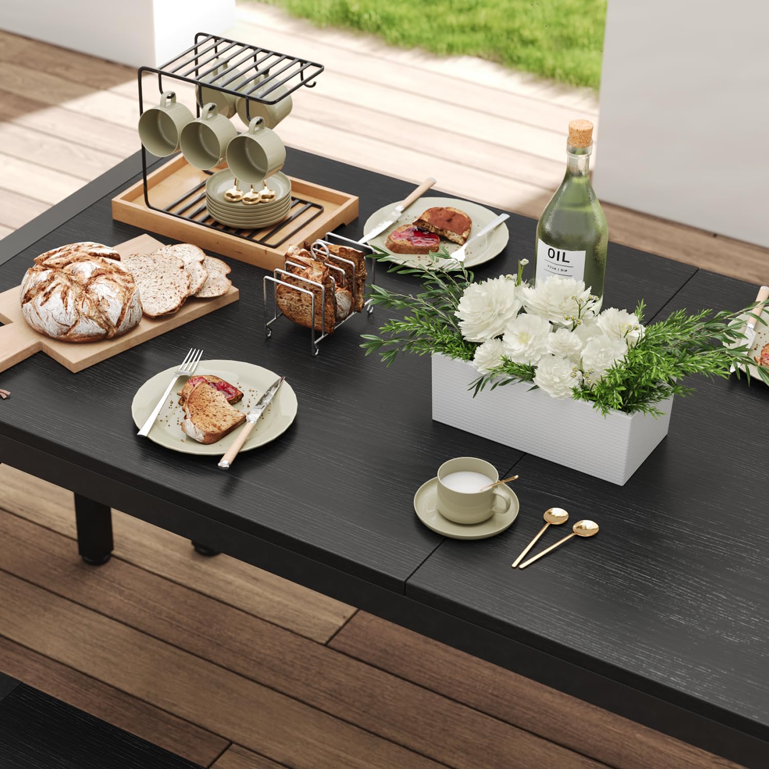 Aiho 63" Dining Table Set for 6, Kitchen Table with 2 Stools & 2 Benches, Wood Dining Room Dinette Sets with Metal Frame for Breakfast Nook and Small Space - Black