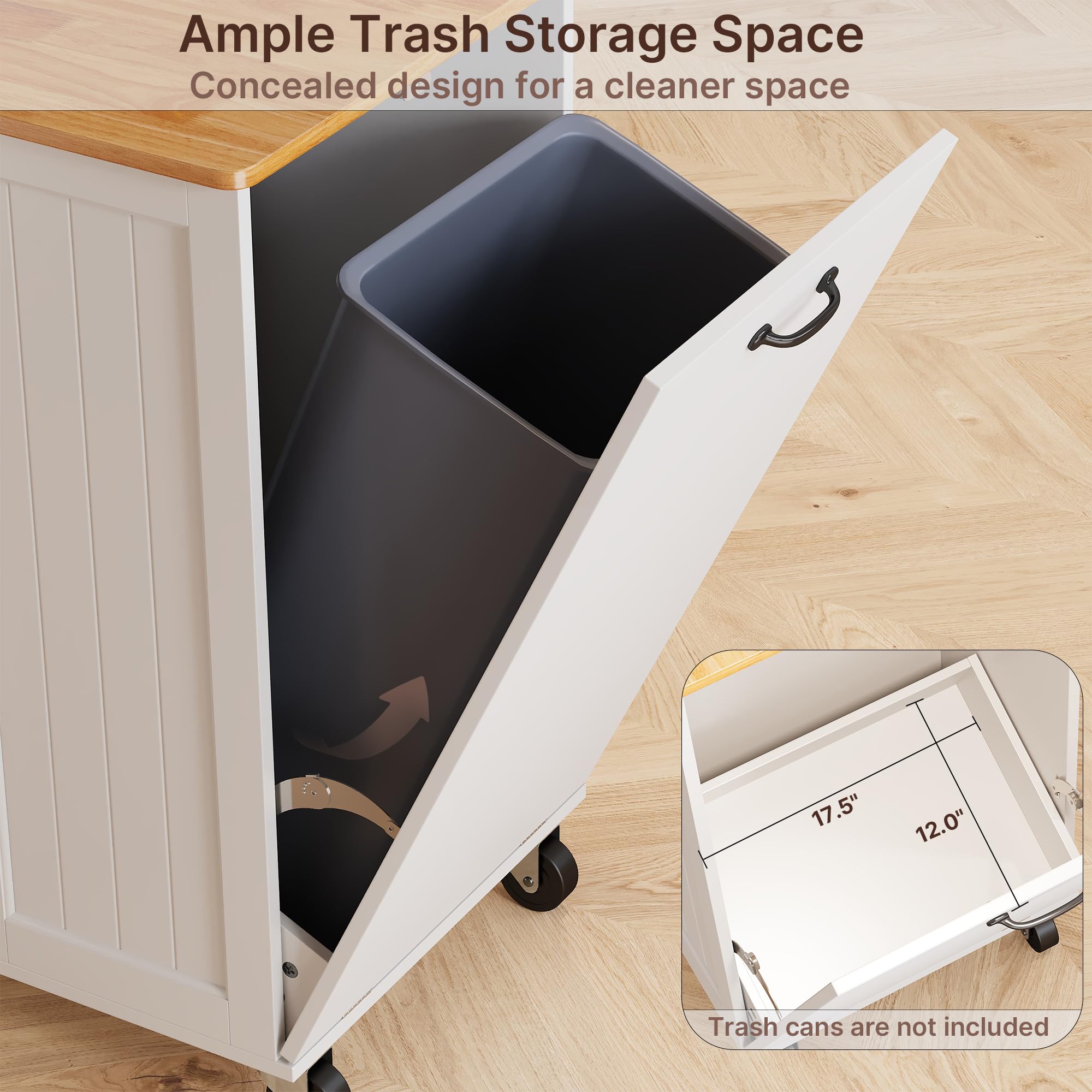 47.2"W Aiho Island Table for Kitchen with Folding Drop Leaf & Spice Rack & Drawer, Kitchen Island with Trash Can Storage for Kichen, Bar, Living Room, White