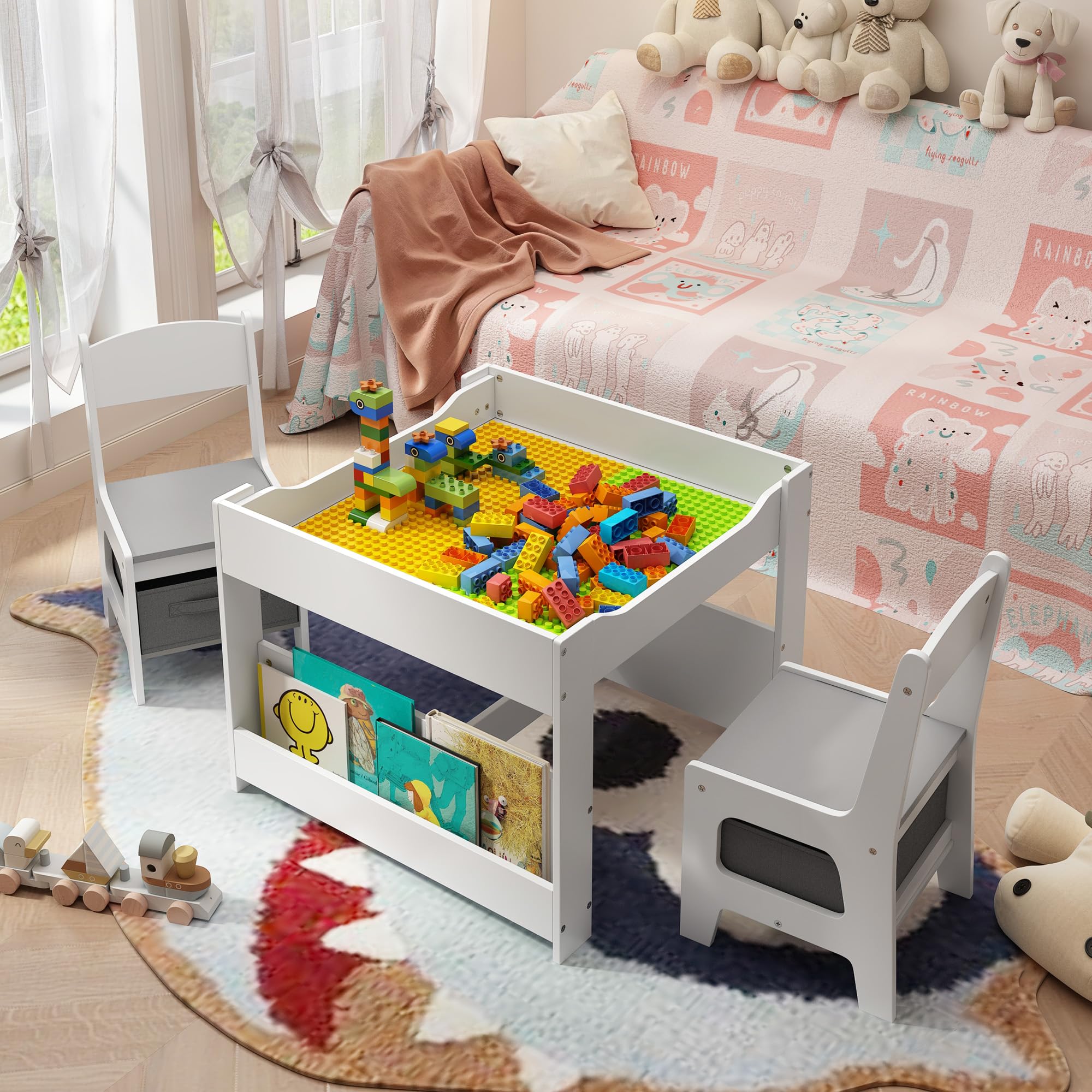 Aiho 3 Piece Child Table and Chair Set, 4-in-1 Kids Table Set, Child Activity Desk with Chalkboard/Whiteboard and Bookshelf - Gray