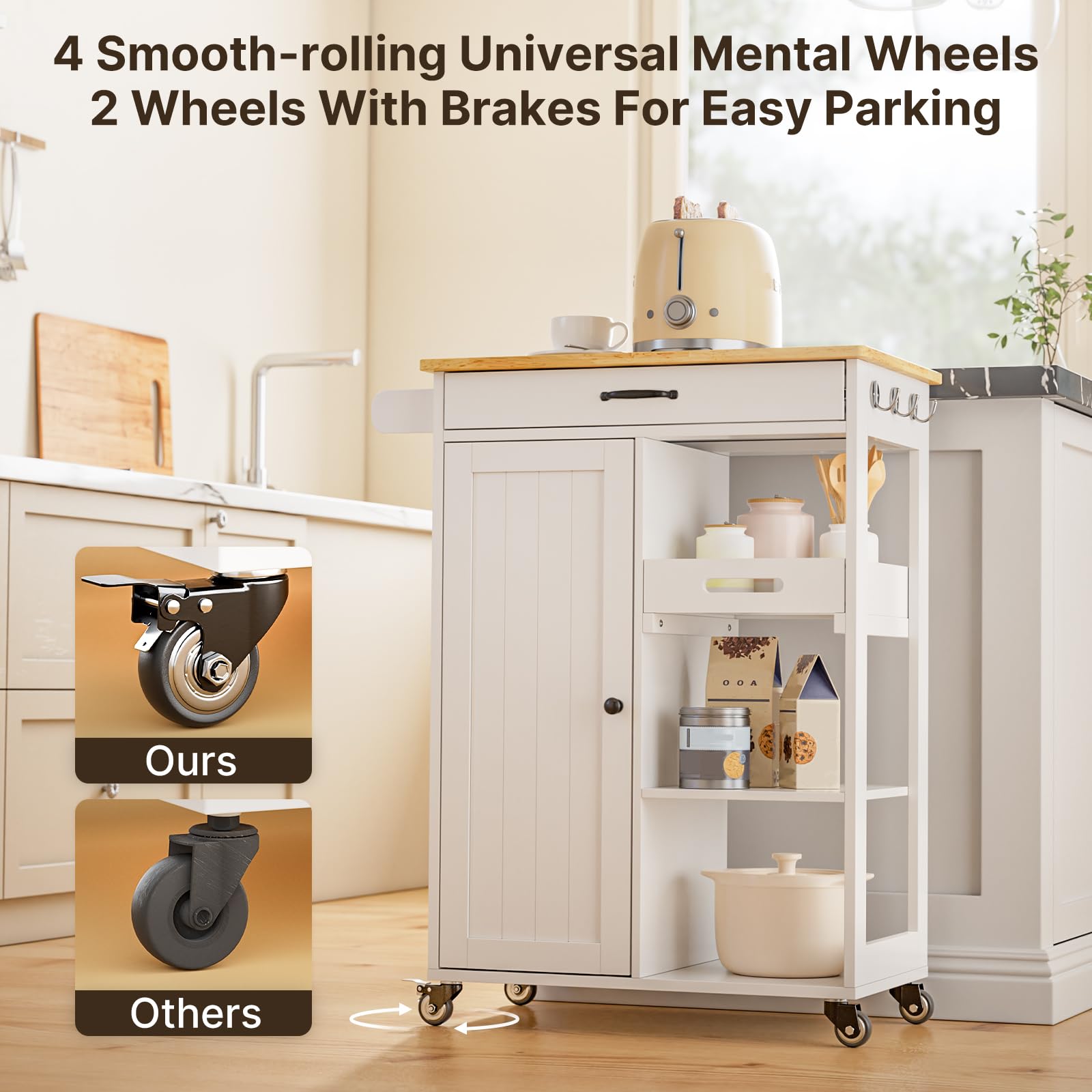 Aiho Kitchen Island Cart on Wheels with Towel Bar and Hooks, Rolling Mobile Serving Utility Cart with Drawer and Adjustable Shelves, White