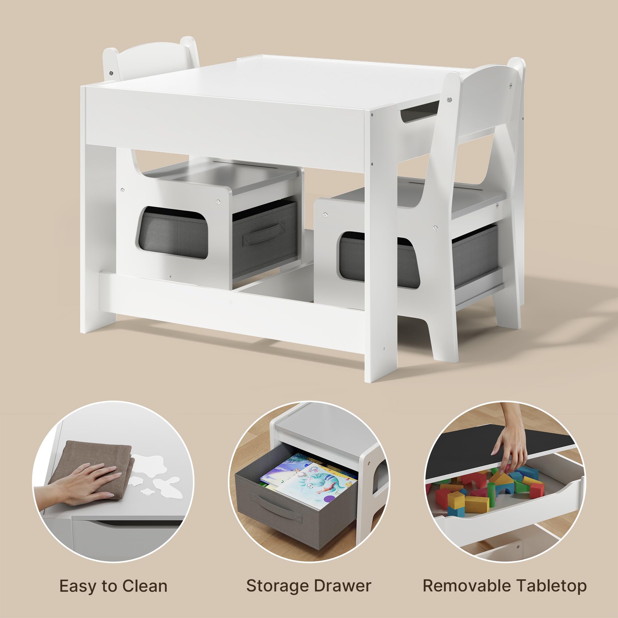 Aiho Kids Table and 2 Chairs Set, 4-in-1 Kids Table Set, Child Activity Desk with Chalkboard/Whiteboard - Gray