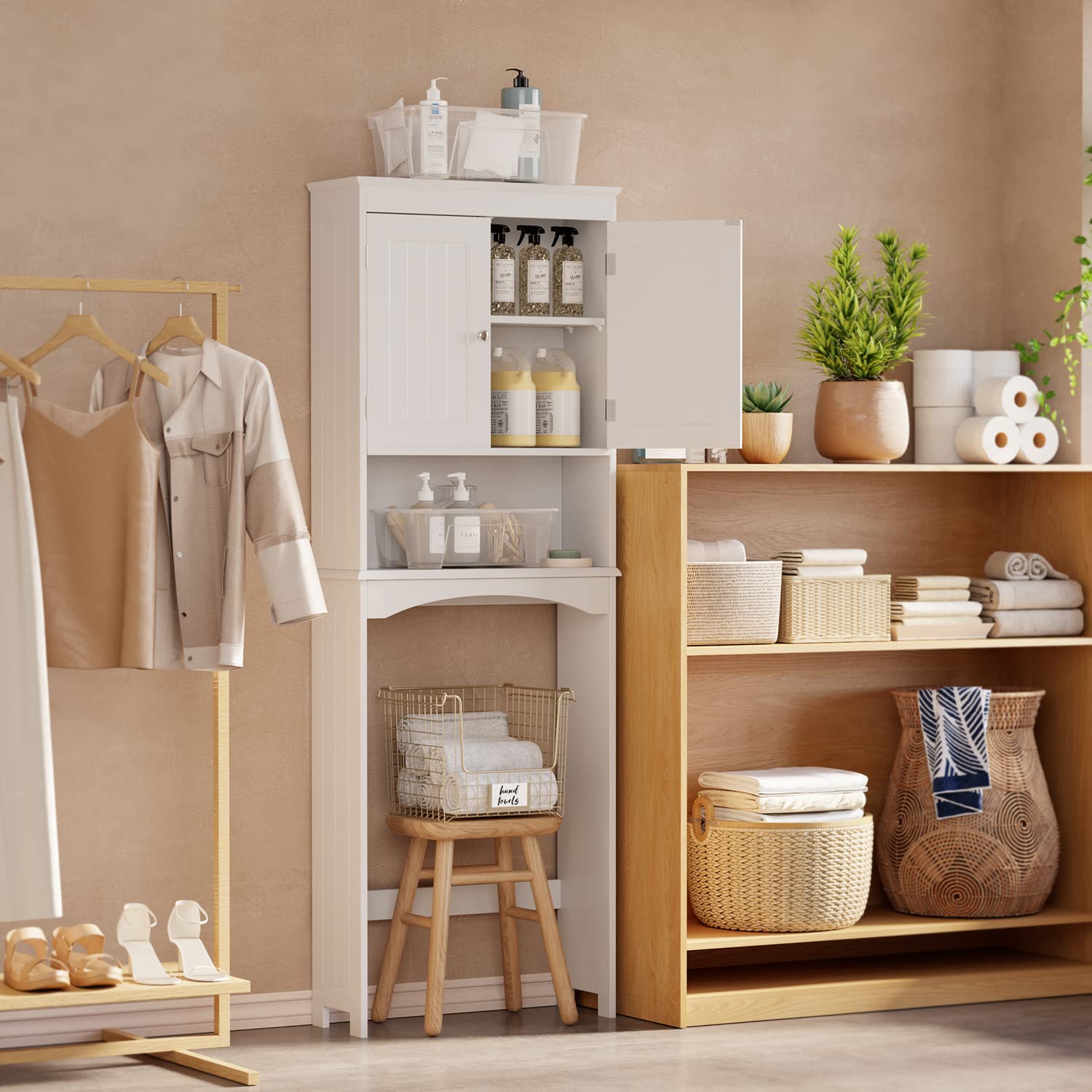 Over-the-Toilet Storage Cabinet with Adjustable Shelf, Aiho 66" Bathroom Space Saver Storage Cabinet, Freestanding