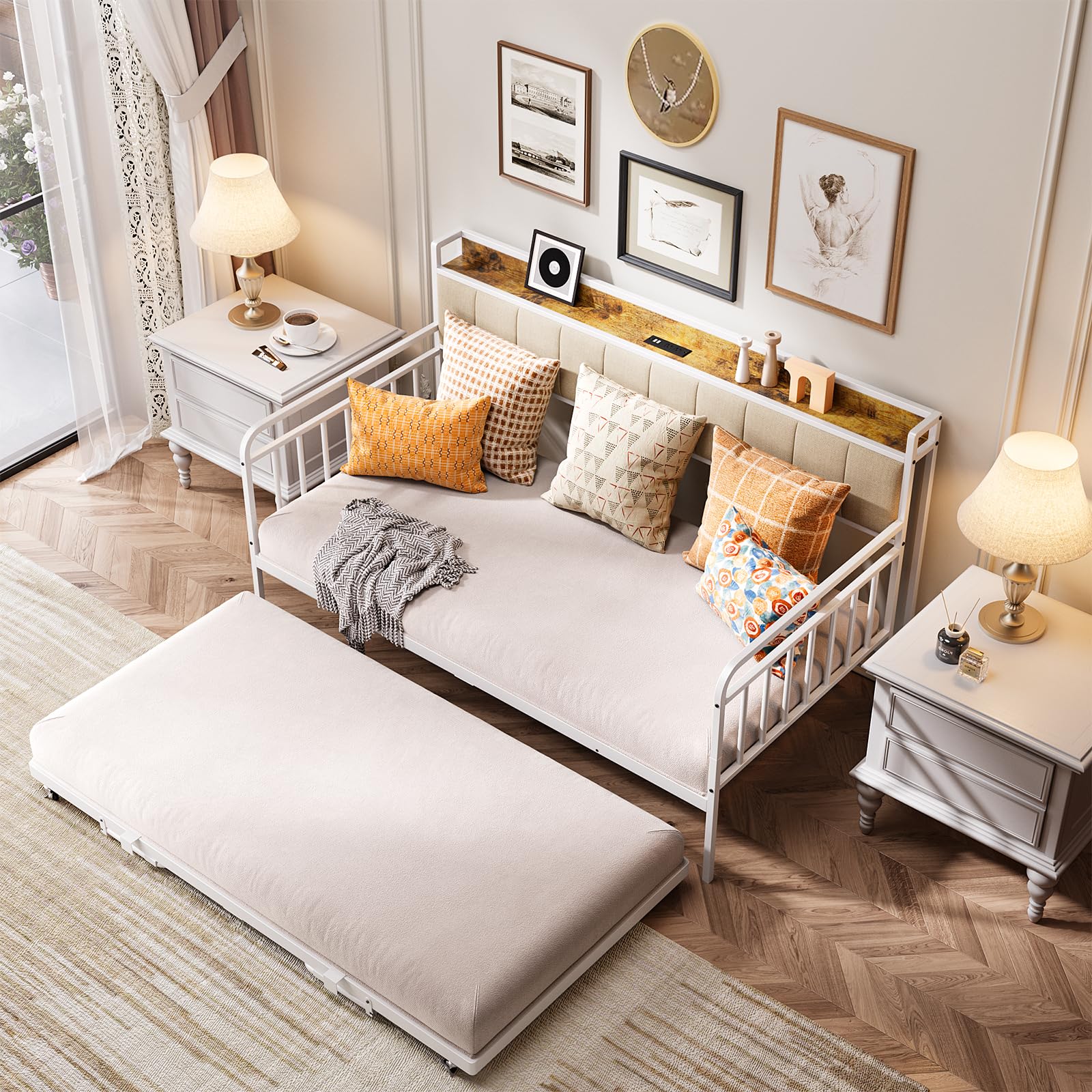 Aiho Daybed with Trundle, Twin Day Bed Frame with Storage Headboard and Charging Station, Sturdy Metal Sofa Bed with Pull-Out Trundle for Living Room, Bedroom and Guest Room - Beige