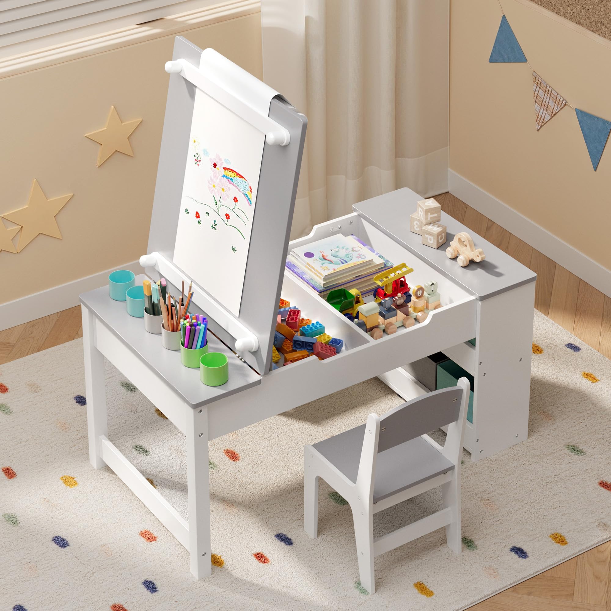 Aiho 3 in 1 Kid Table & Chair Set Drawing, Child Activity Table, Kids Table Set Painting with Cabinet - Grey