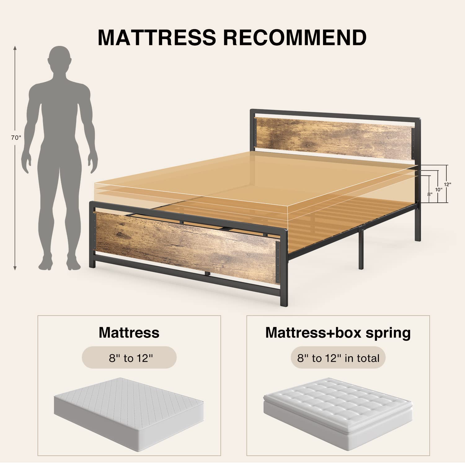 Aiho Full Size Metal Platform Bed Frame with Square Frame Wooden Headboard&Footboard, 10.8" Under-bed Storage Space - Brown