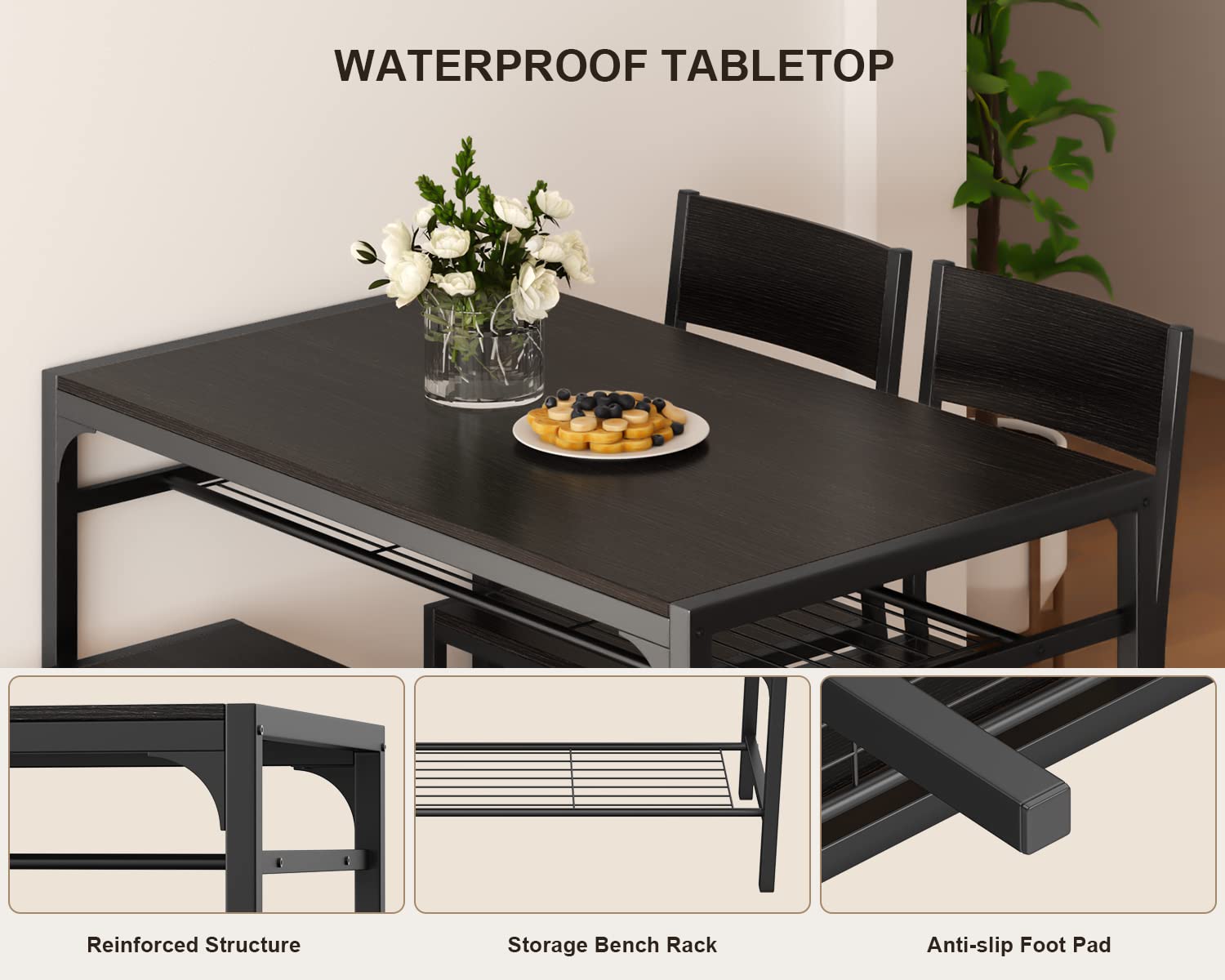 Aiho Dinning Table for 4, Kitchen Table and 2 Chairs for 4 with Bench, 4 Piece Dining Table Set for Small Space, Apartment - Black