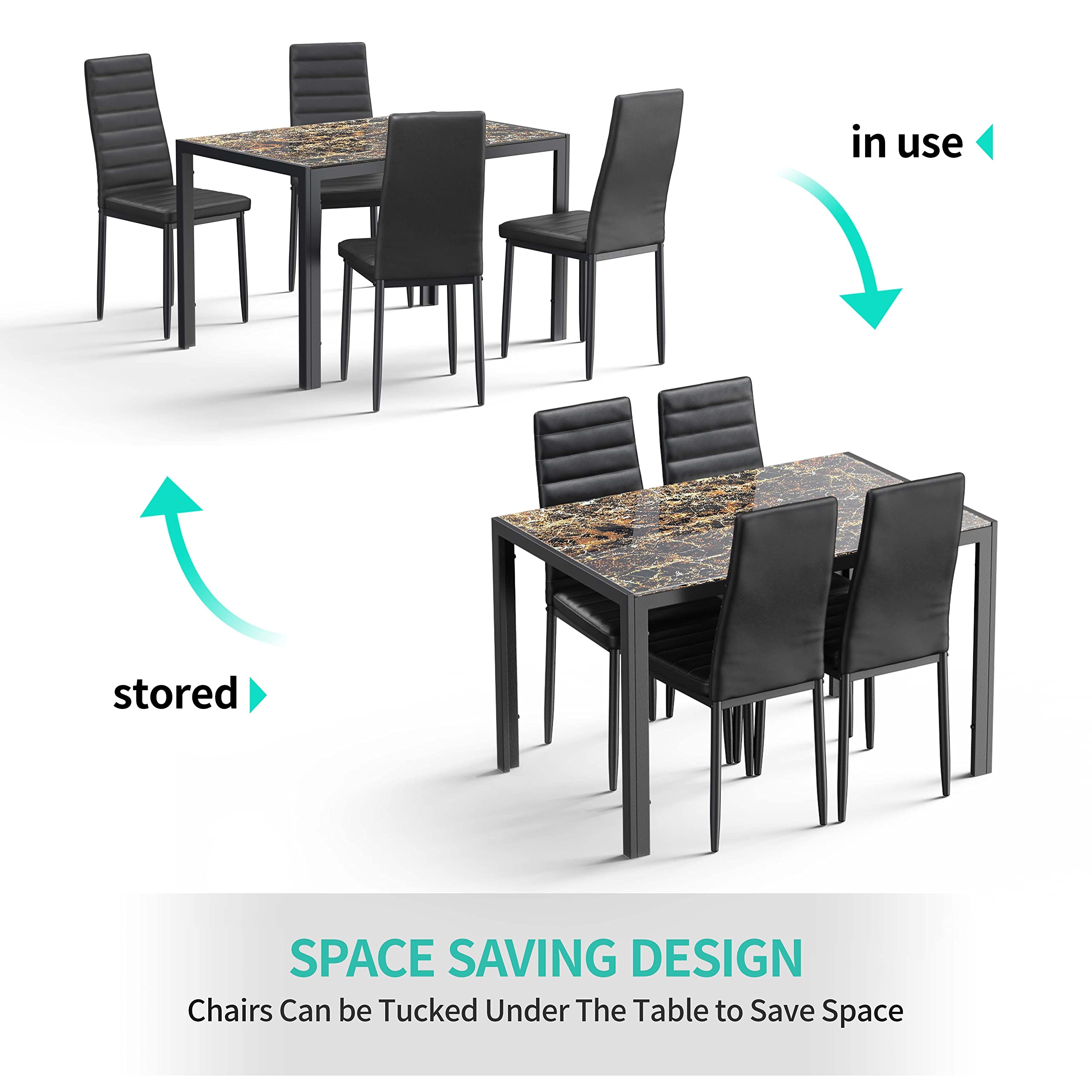 Aiho Dining Table Set for 4, Modern Glass Kitchen Table with 4 Cushioned Chairs , For Dining Room, Kitchen, Living Room - Marble