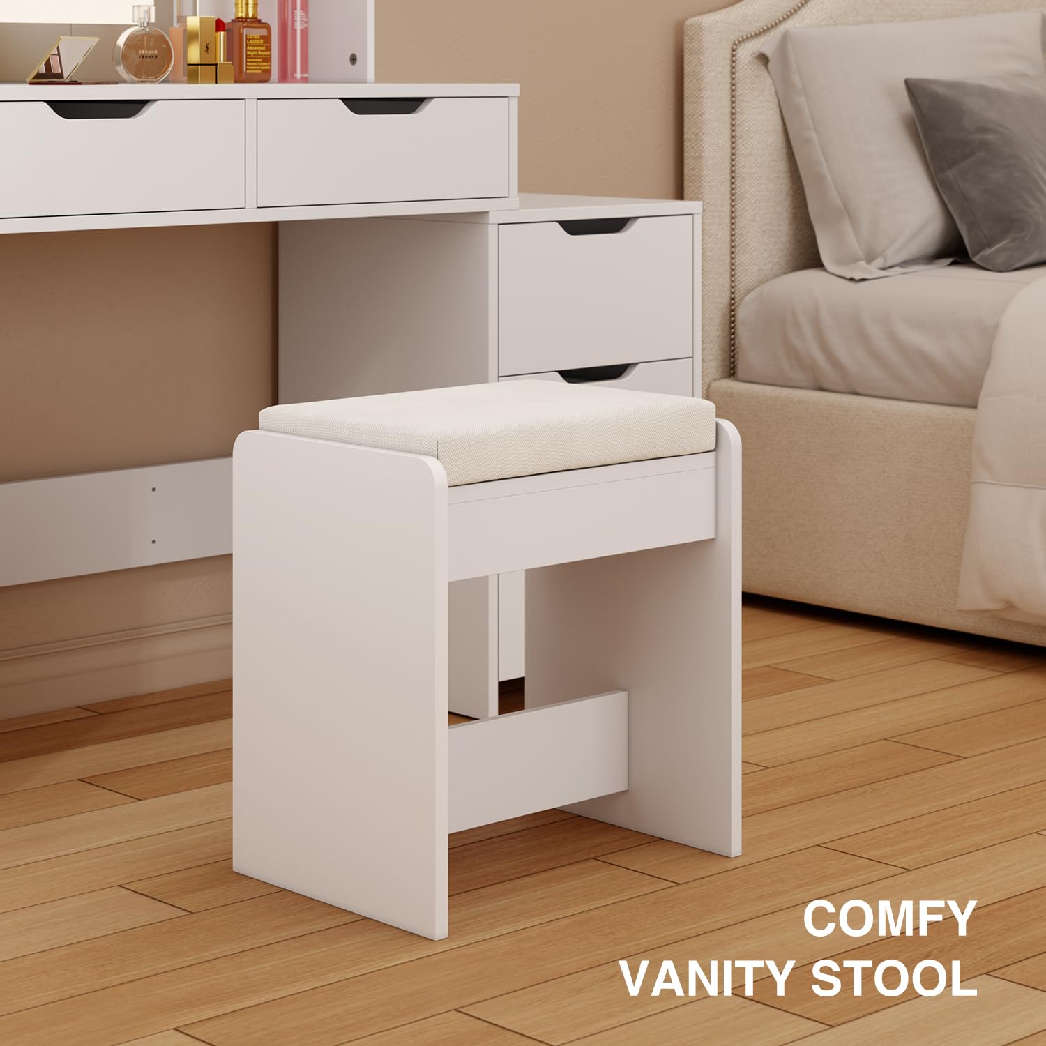 Aiho Vanity Set with Square Mirror and 3 Colors Adjustabe Lights, Makeup Vanity Desk with 5 Drawers, 3 Shelves and Vanity Stool, For Bedroom, Bathroom, Living Room and Closet Room-White