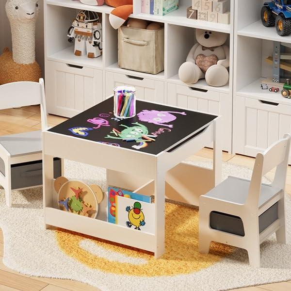 Aiho 3 Piece Child Table and Chair Set, 4-in-1 Kids Table Set, Child Activity Desk with Chalkboard/Whiteboard and Bookshelf - Gray