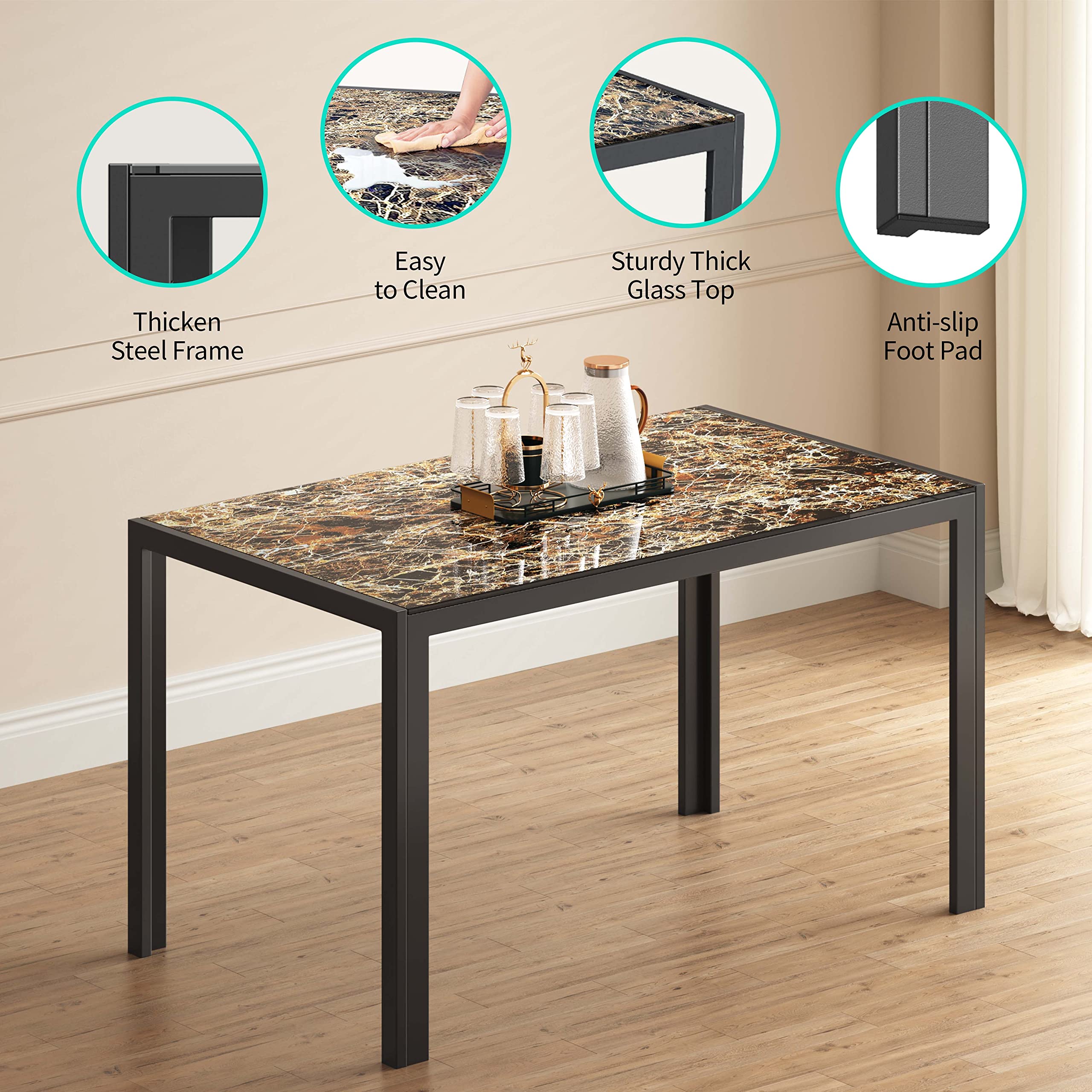 Aiho Dining Table Set for 4, Modern Glass Kitchen Table with 4 Cushioned Chairs , For Dining Room, Kitchen, Living Room - Marble