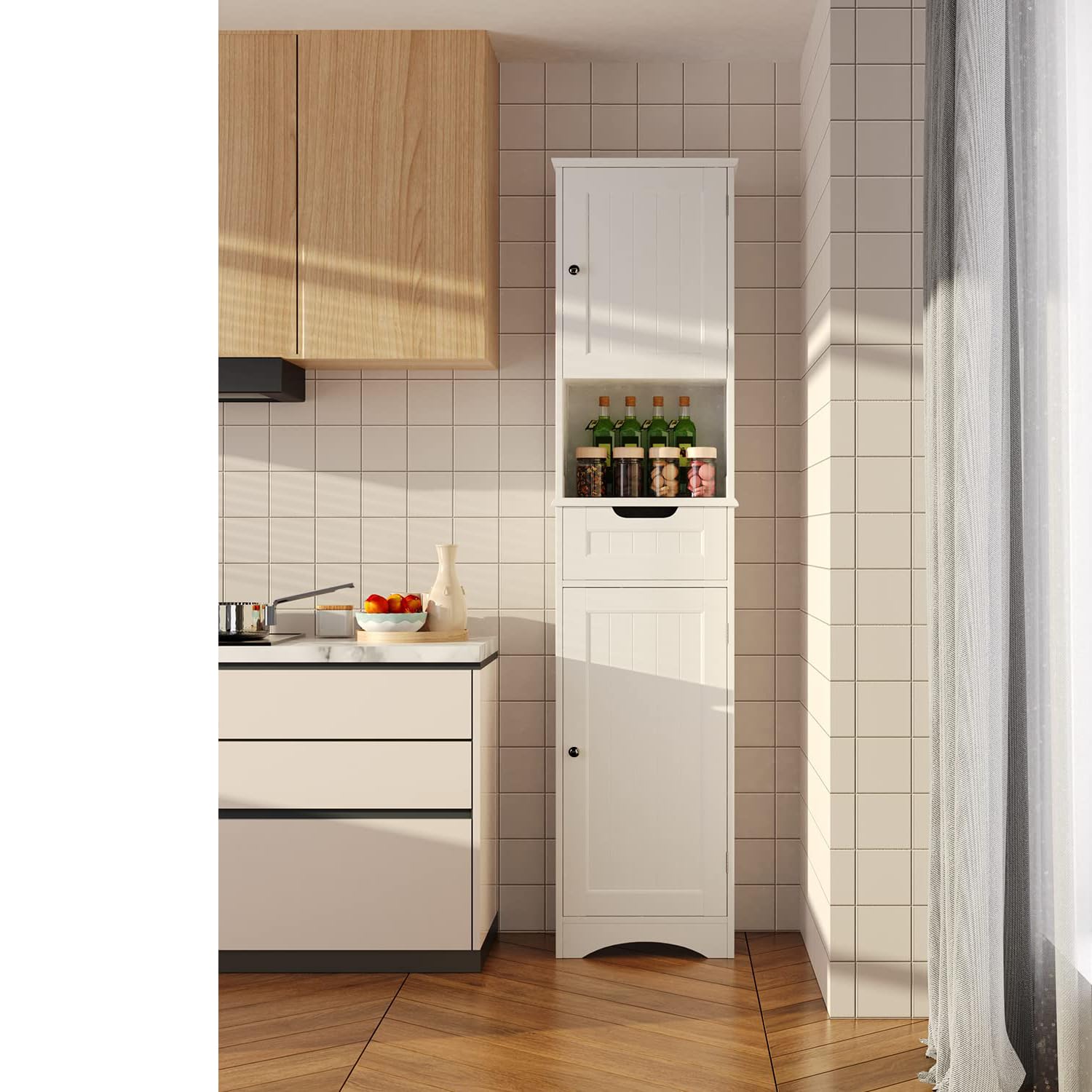 Aiho Bathroom Storage Cabinet, White Linen Cabinet, Narrow Tall Cabinet Storage Tower with Door ,Drawer and Open Storag
