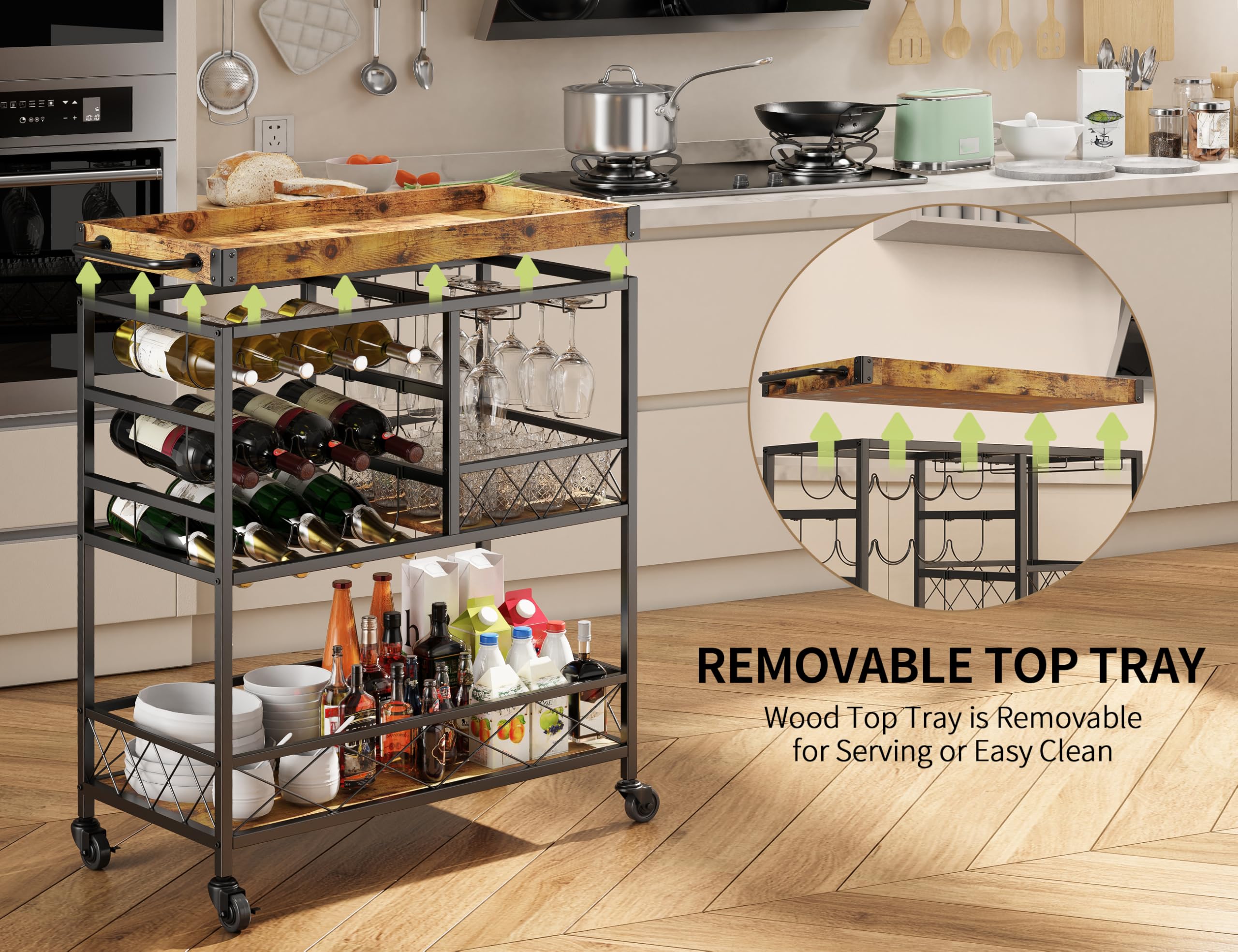 3 Tier 38 "H Metal Bar Serving Cart with Lockable Wheels and 12 Wine Racks