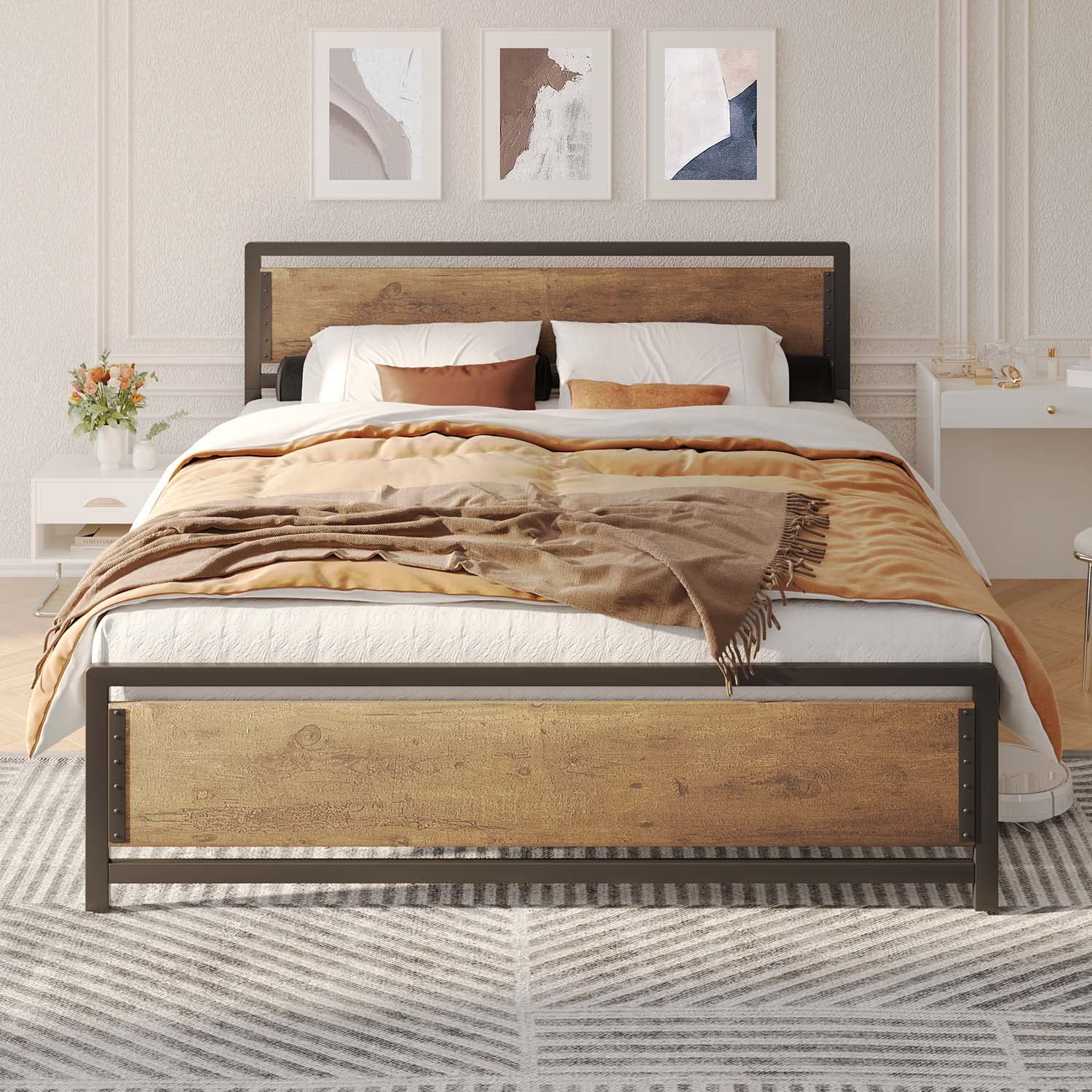 Aiho Full Size Metal Platform Bed Frame with Square Frame Wooden Headboard&Footboard, 10.8" Under-bed Storage Space - Brown