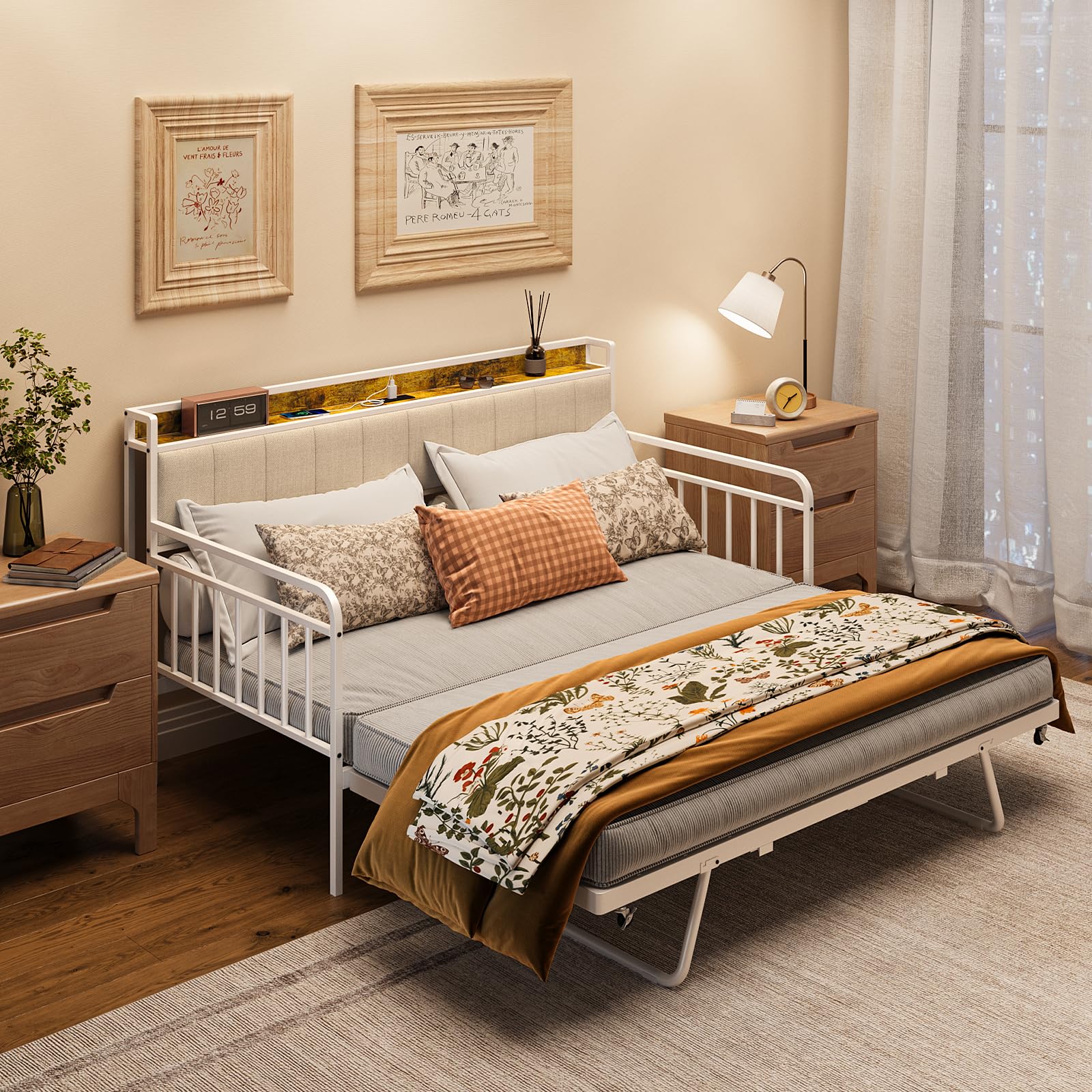 Aiho Daybed with Trundle, Twin Day Bed Frame with Storage Headboard and Charging Station, Sturdy Metal Sofa Bed with Pull-Out Trundle for Living Room, Bedroom and Guest Room - Beige