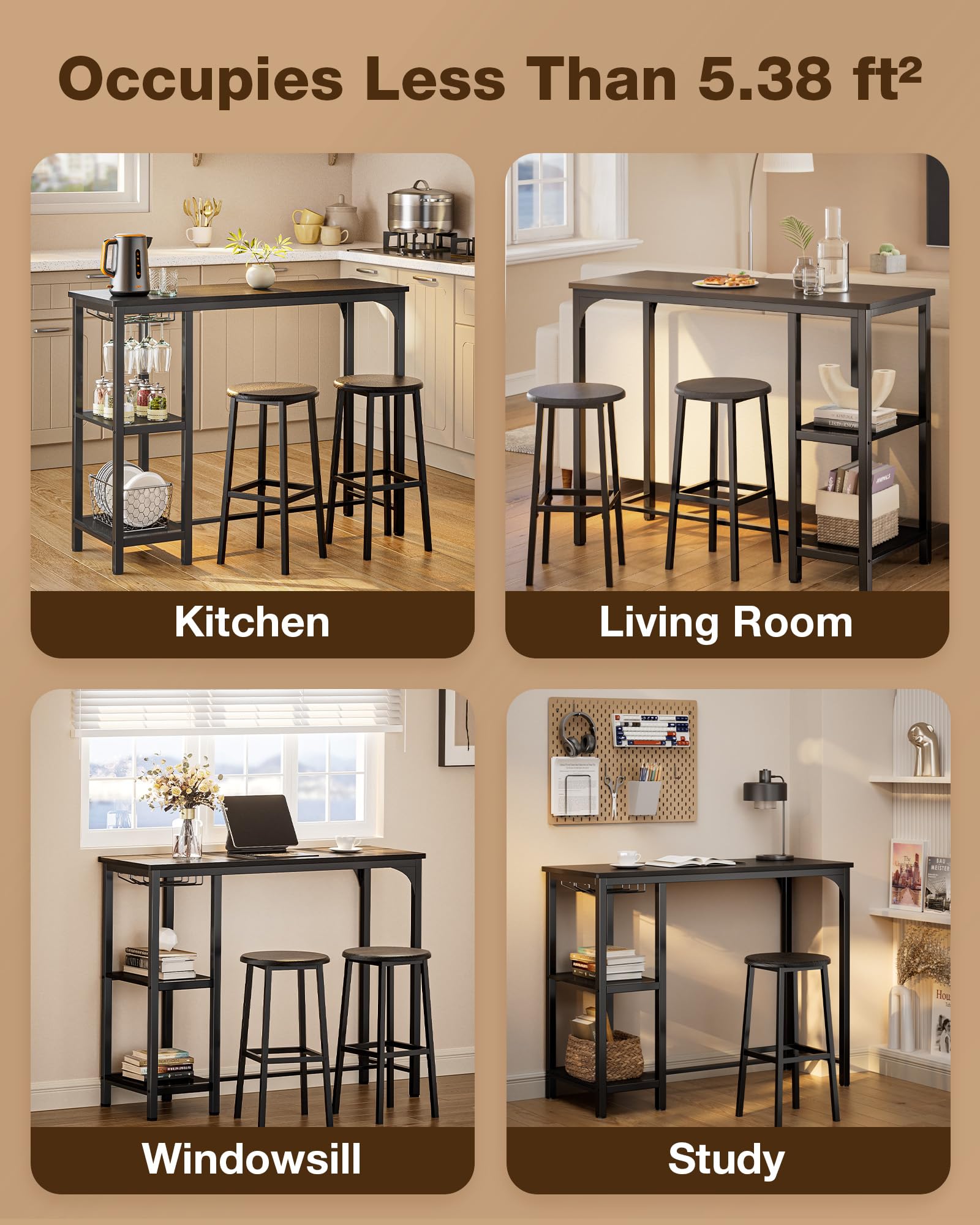 Aiho Dining Table Set for 2 Person, 3 Pieces Bar Bar Table and Chairs Set with 2 Storage Shelves & Glass Rack, For Kitchen, Dining Room, Bar, Black