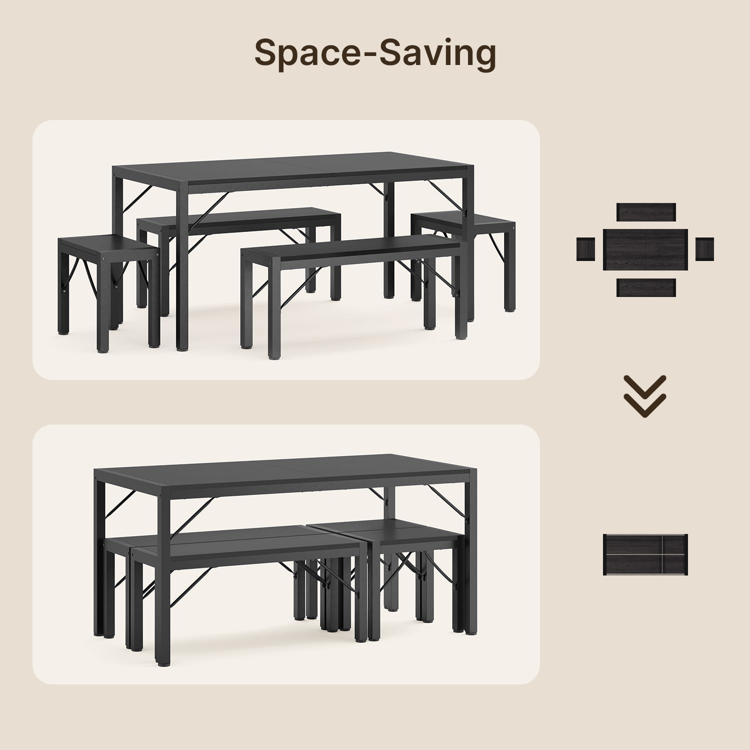 Aiho 63" Dining Table Set for 6, Kitchen Table with 2 Stools & 2 Benches, Wood Dining Room Dinette Sets with Metal Frame for Breakfast Nook and Small Space - Black