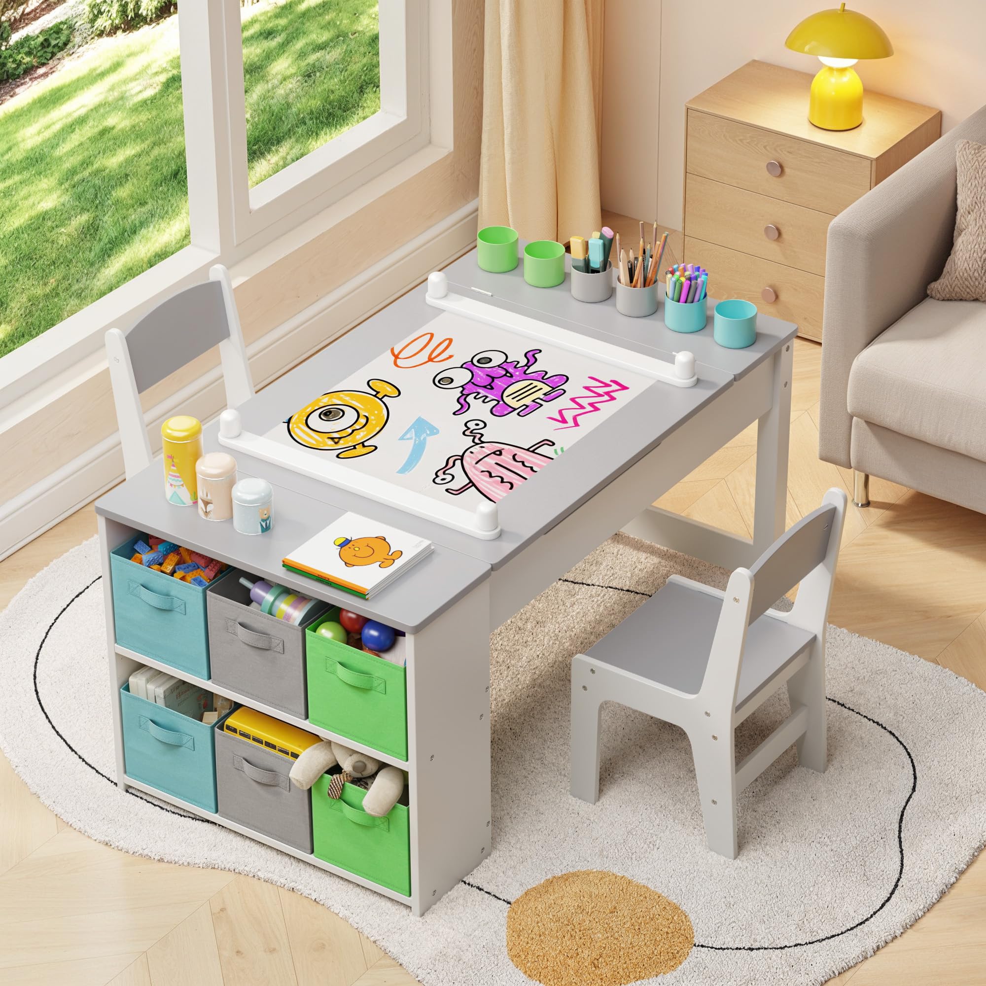 Aiho 3 in 1 Kid Table & Chair Set Drawing, Child Activity Table, Kids Table Set Painting with Cabinet - Grey