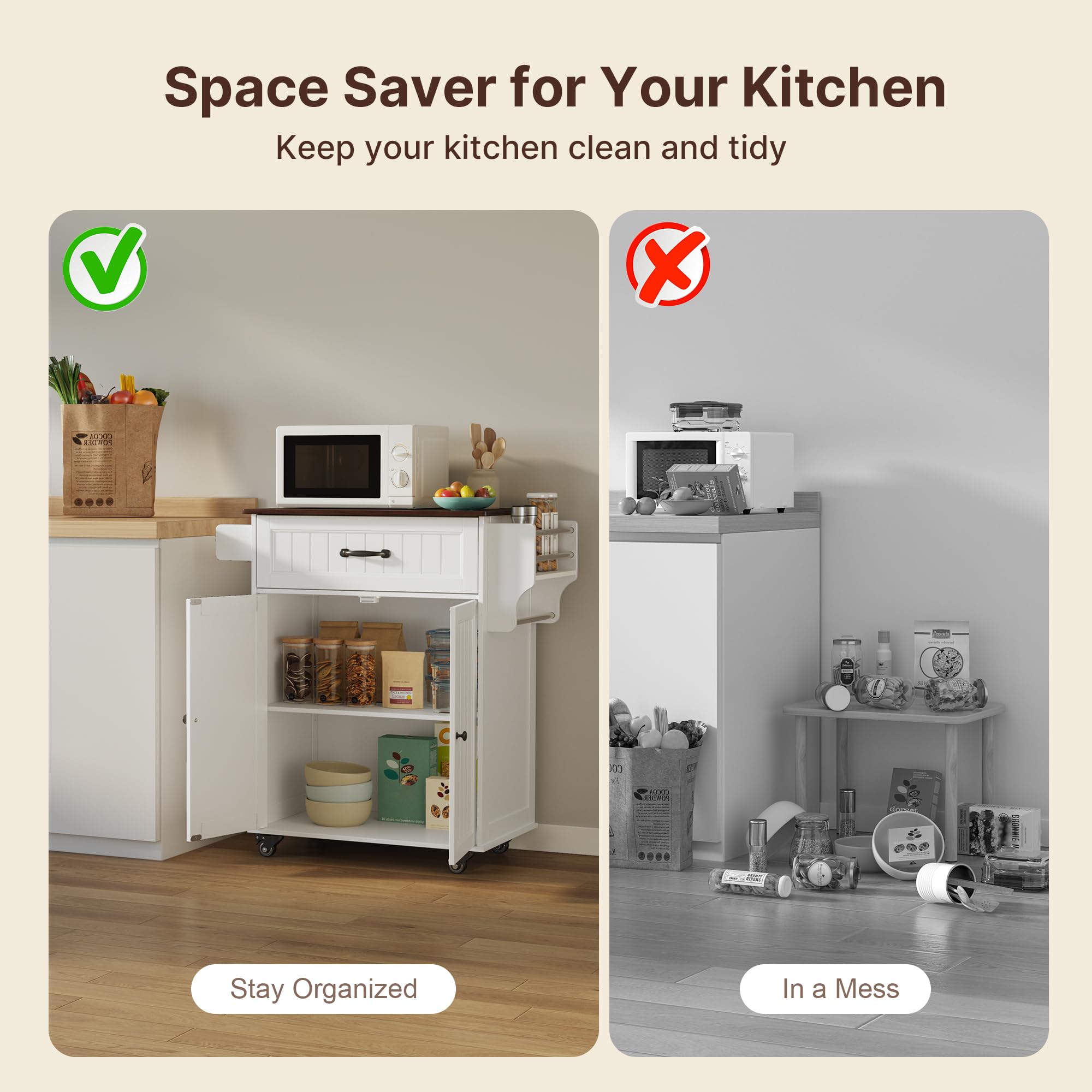 Aiho Kitchen Island with Storage, Microwave Stand with Worktop, Spice Rack & Adjustable Shelves & 1 Drawer, Perfect for Kitchen, Bar, Retro Tabletop