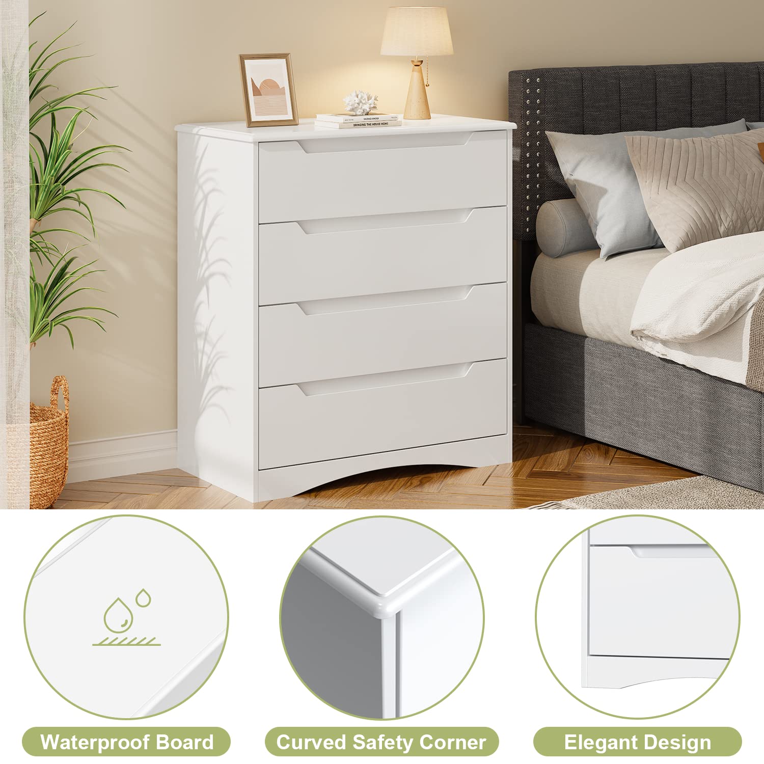 Aiho White 4 Drawer Dresser for Bedroom, Wooden Storage Organizer Cabinet for Living Room, Bedroom - White