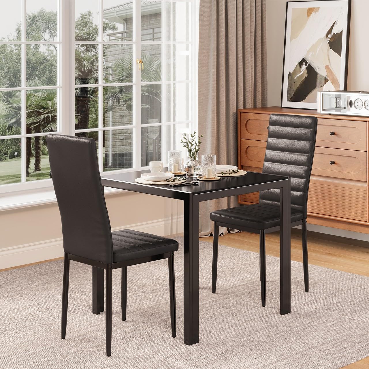Dining Table Set for 2 Person, Aiho Modern Kitchen Table with 2 PU Leather Chairs for Dining Room, Kitchen, Small Space, White