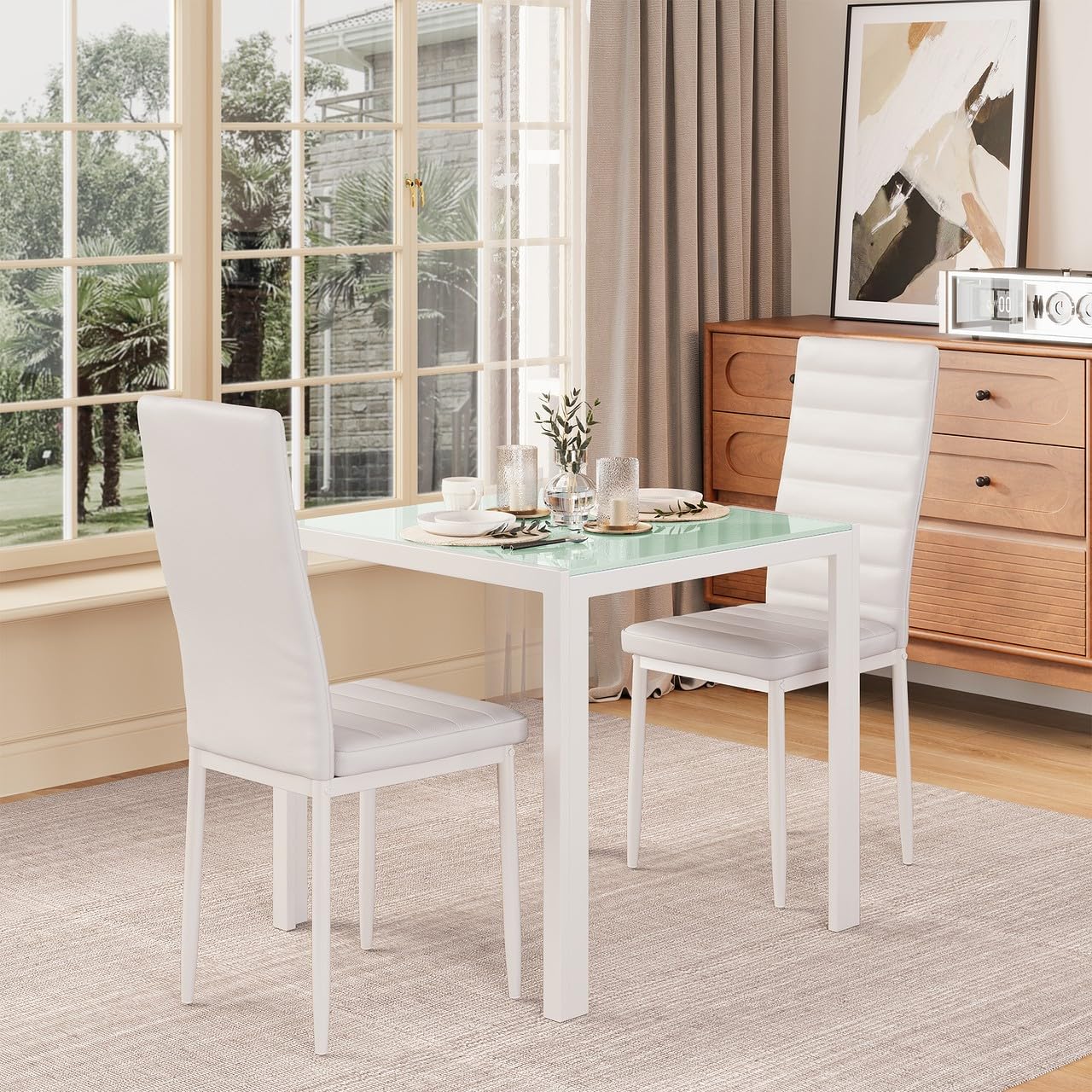 Dining Table Set for 2 Person, Aiho Modern Kitchen Table with 2 PU Leather Chairs for Dining Room, Kitchen, Small Space, Black
