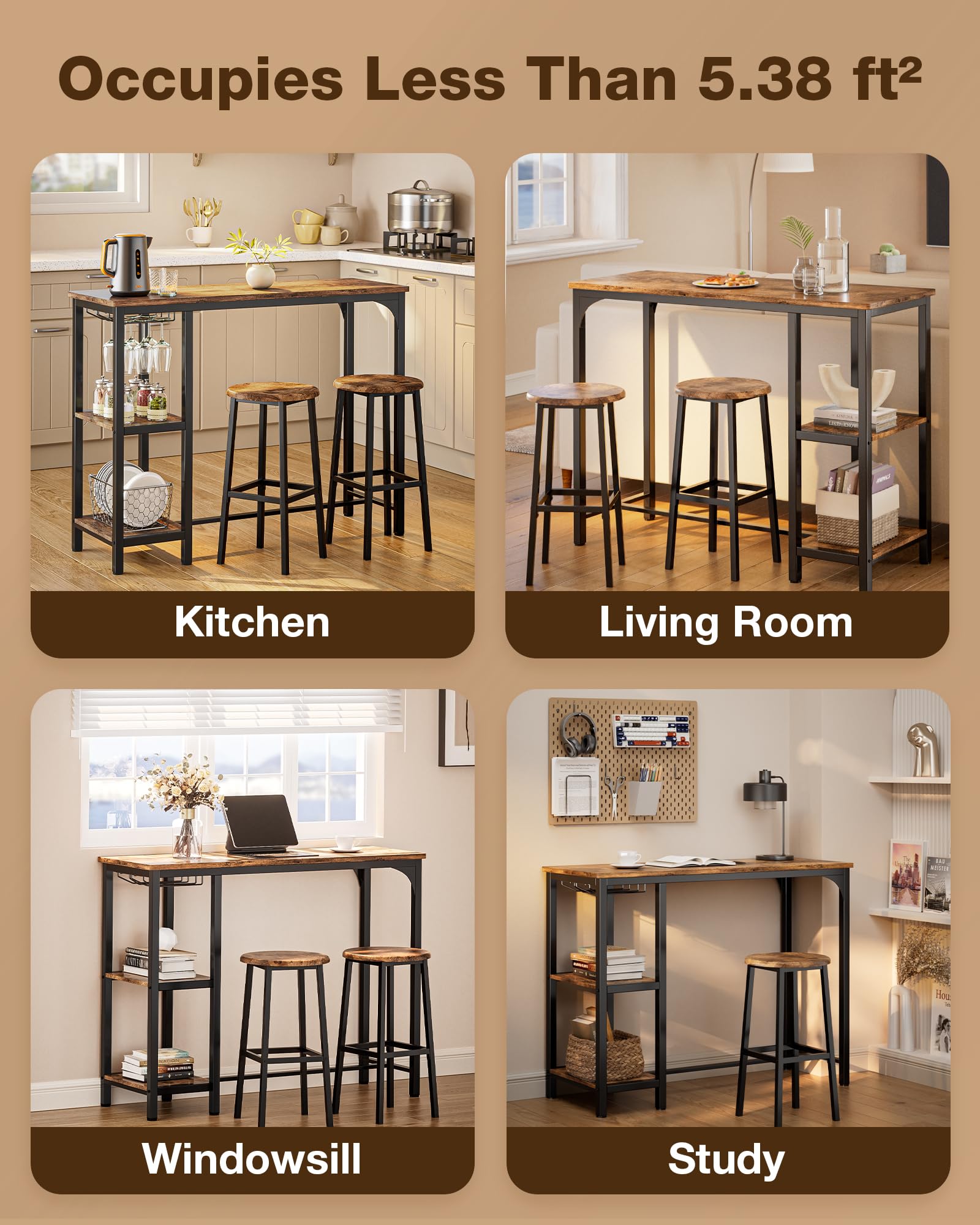 Aiho Dining Table Set for 2 Person, 3 Pieces Bar Bar Table and Chairs Set with 2 Storage Shelves & Glass Rack, For Kitchen, Dining Room, Bar, Rustic Brown