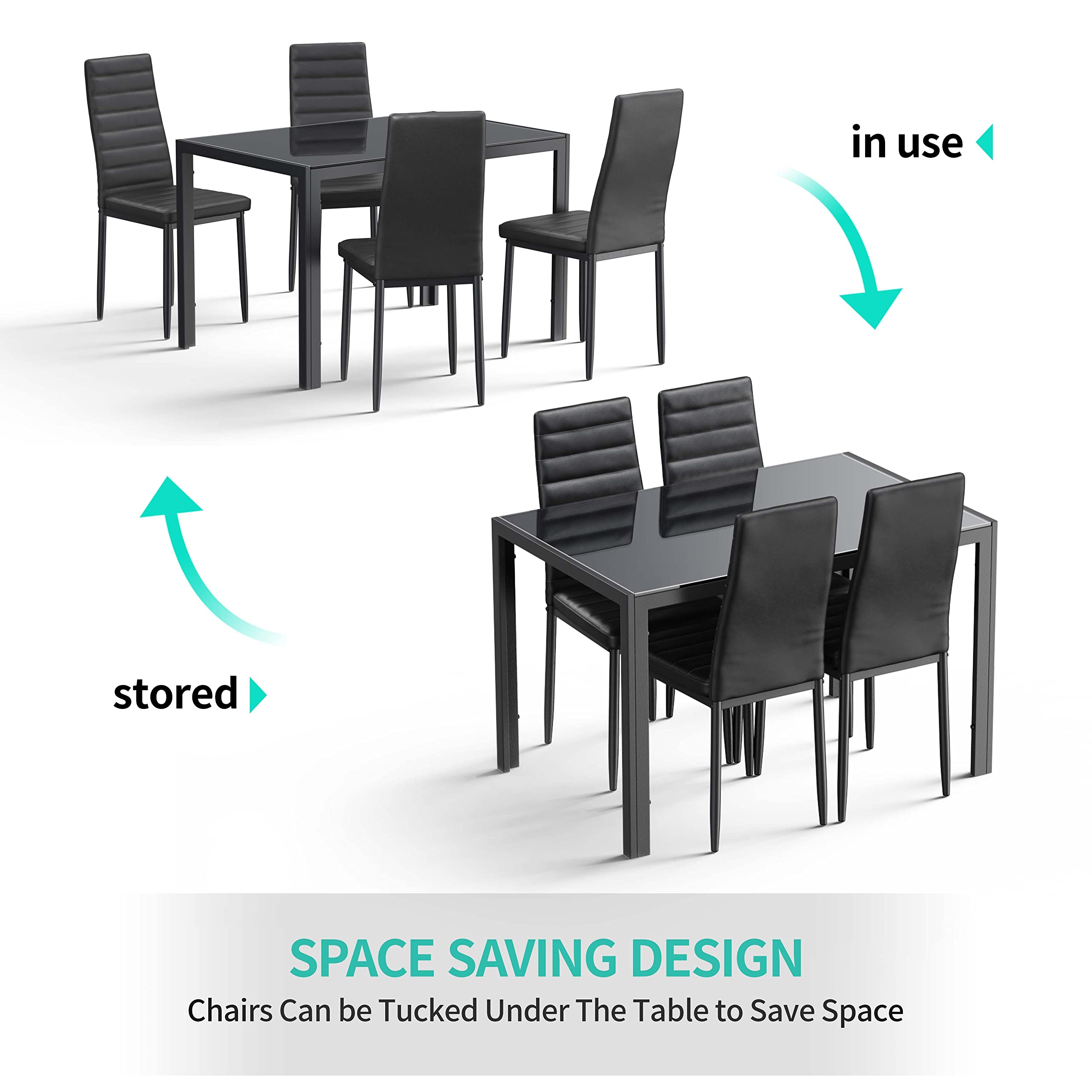 Aiho 5 Piece Kitchen Dining Set with 4 PU Leather Chairs and Glass Table Top, Glass Dining Set for 4, Modern Dining Room Sets for Kitchen, Living Room - Black