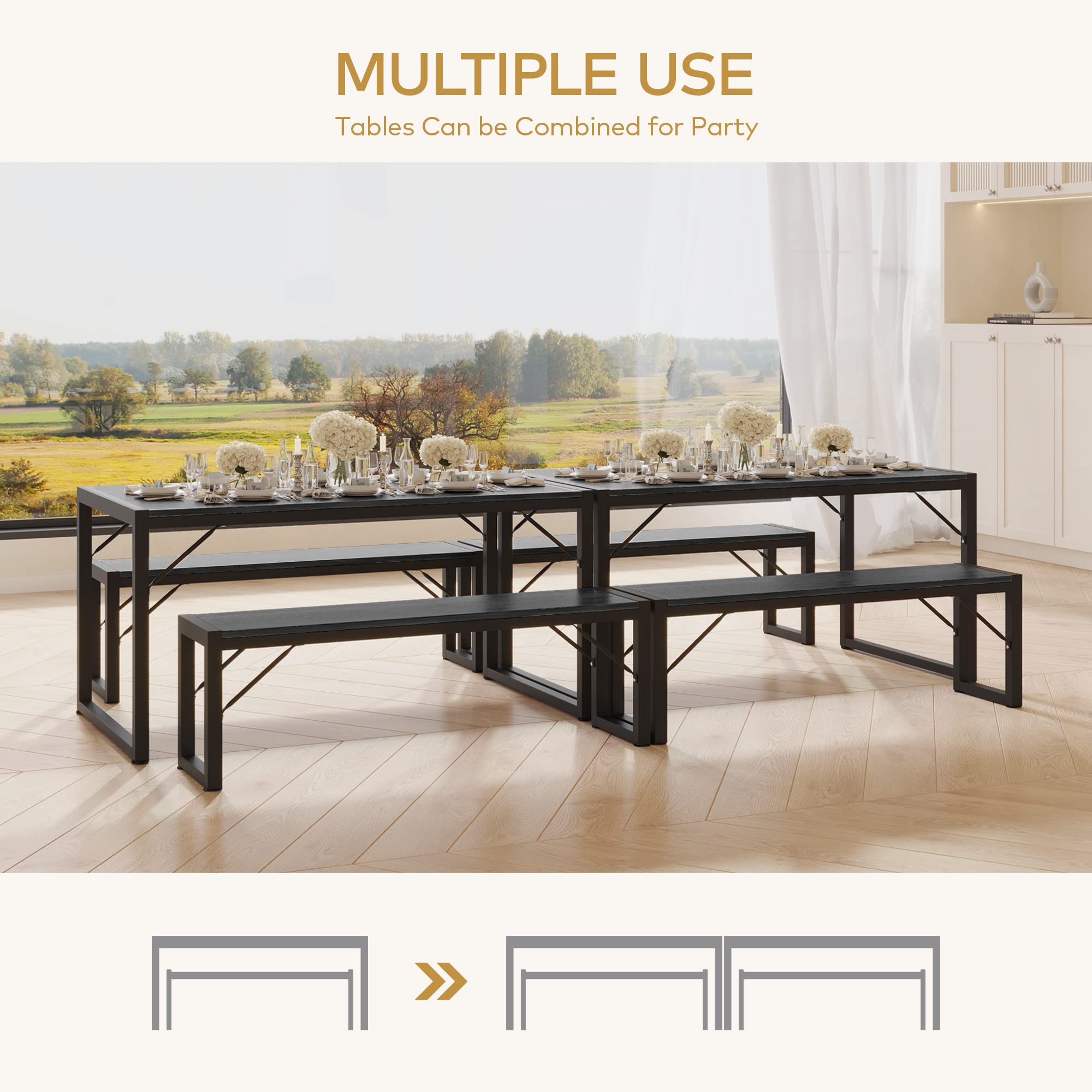 Aiho 3 Piece Kitchen Dining Set with 2 Benches &amp; Wood Table Top, Small Kitchen Table Set for 4, Modern Dining Room Sets for Kitchen, Living Room - Black