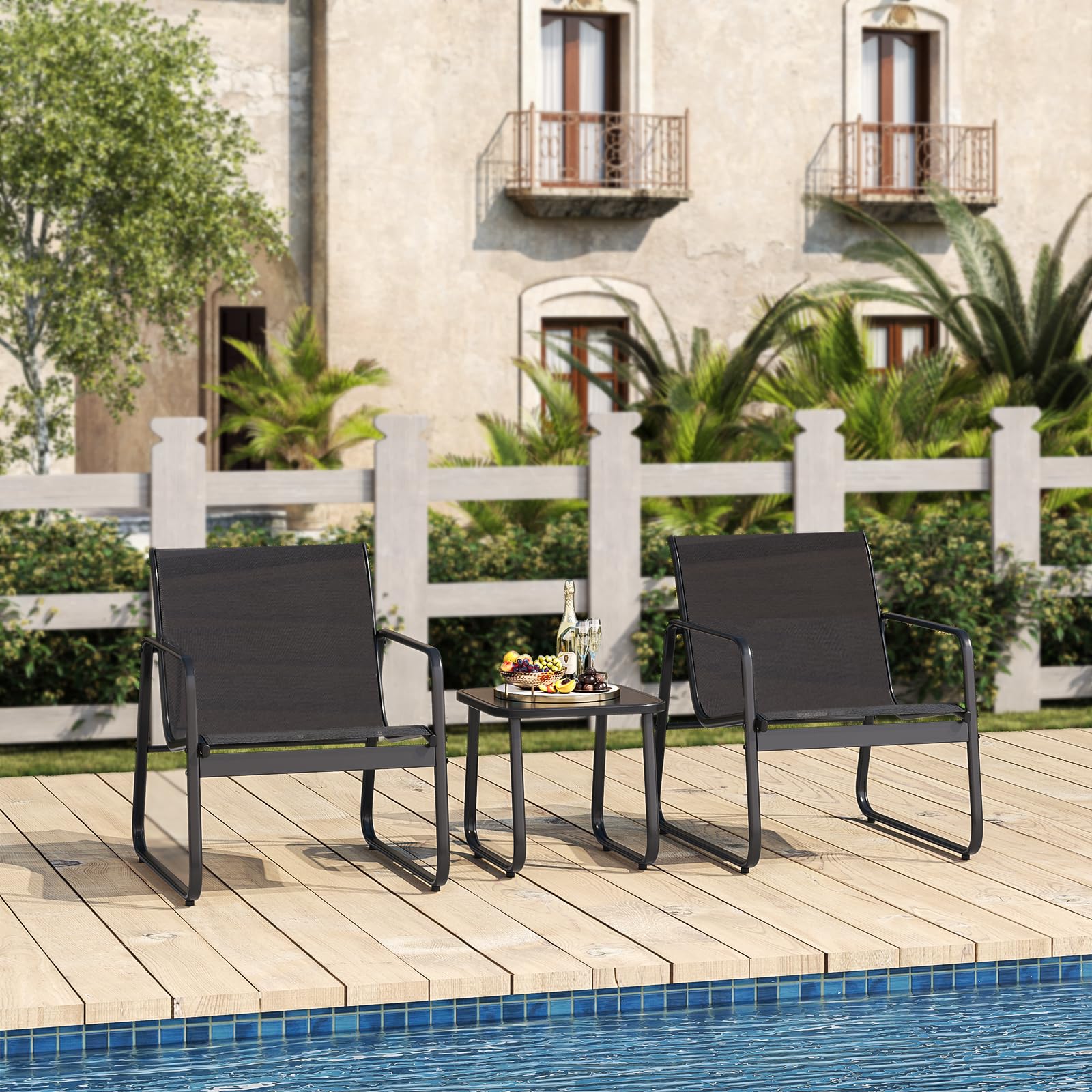 Aiho 3 Pieces Outdoor Patio Furniture Set with Textilene Material, Outdoor Chairs Set of 3 with Tempered Glass Table, Perfect for Garden, Lawn, Patio, Pool, Backyard, Balcony, Porch-Black