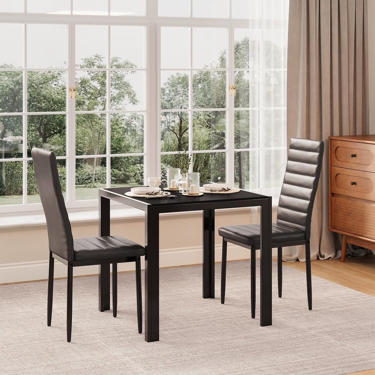 Dining Table Set for 2 Person, Aiho Modern Kitchen Table with 2 PU Leather Chairs for Dining Room, Kitchen, Small Space, White