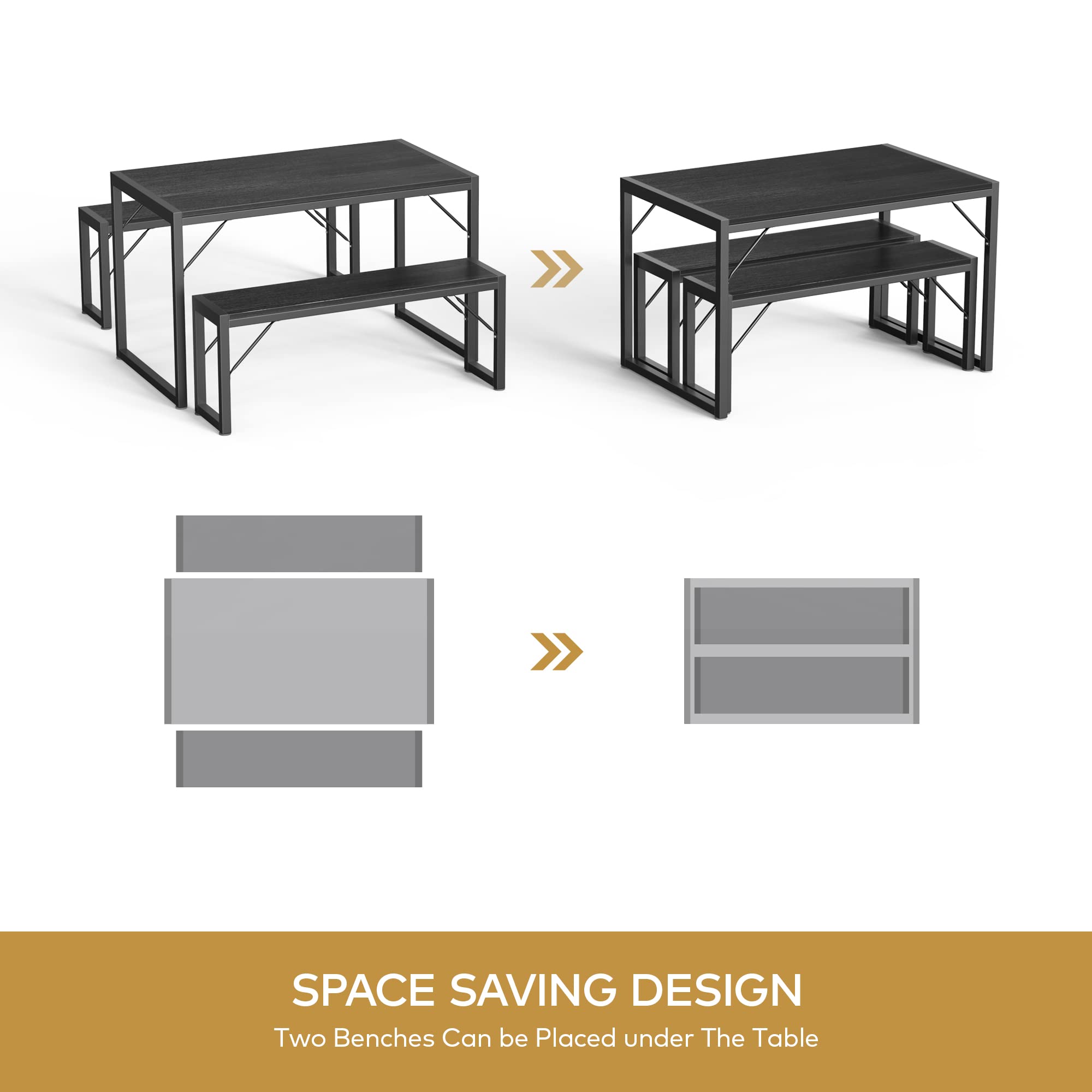 Aiho 3 Piece Kitchen Dining Set with 2 Benches &amp; Wood Table Top, Small Kitchen Table Set for 4, Modern Dining Room Sets for Kitchen, Living Room - Black