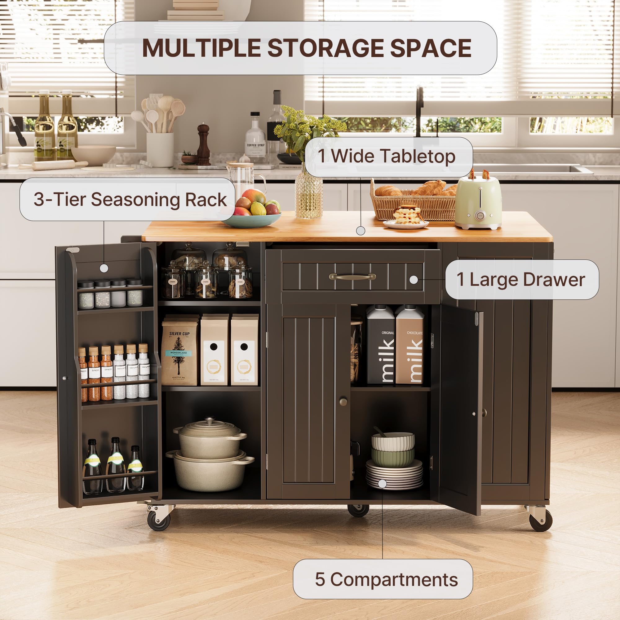 47.2"W Aiho Island Table for Kitchen with Folding Drop Leaf & Spice Rack & Drawer, Kitchen Island with Trash Can Storage for Kichen, Bar, Living Room, Black