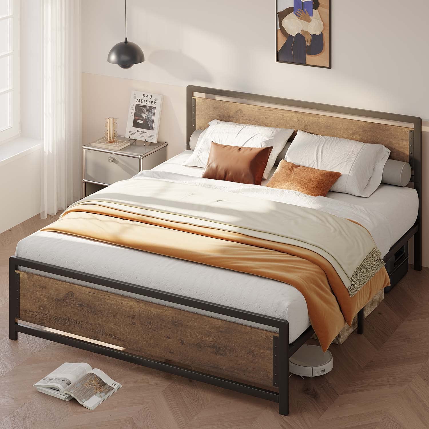 Aiho Full Size Metal Platform Bed Frame with Square Frame Wooden Headboard&Footboard, 10.8" Under-bed Storage Space - Brown