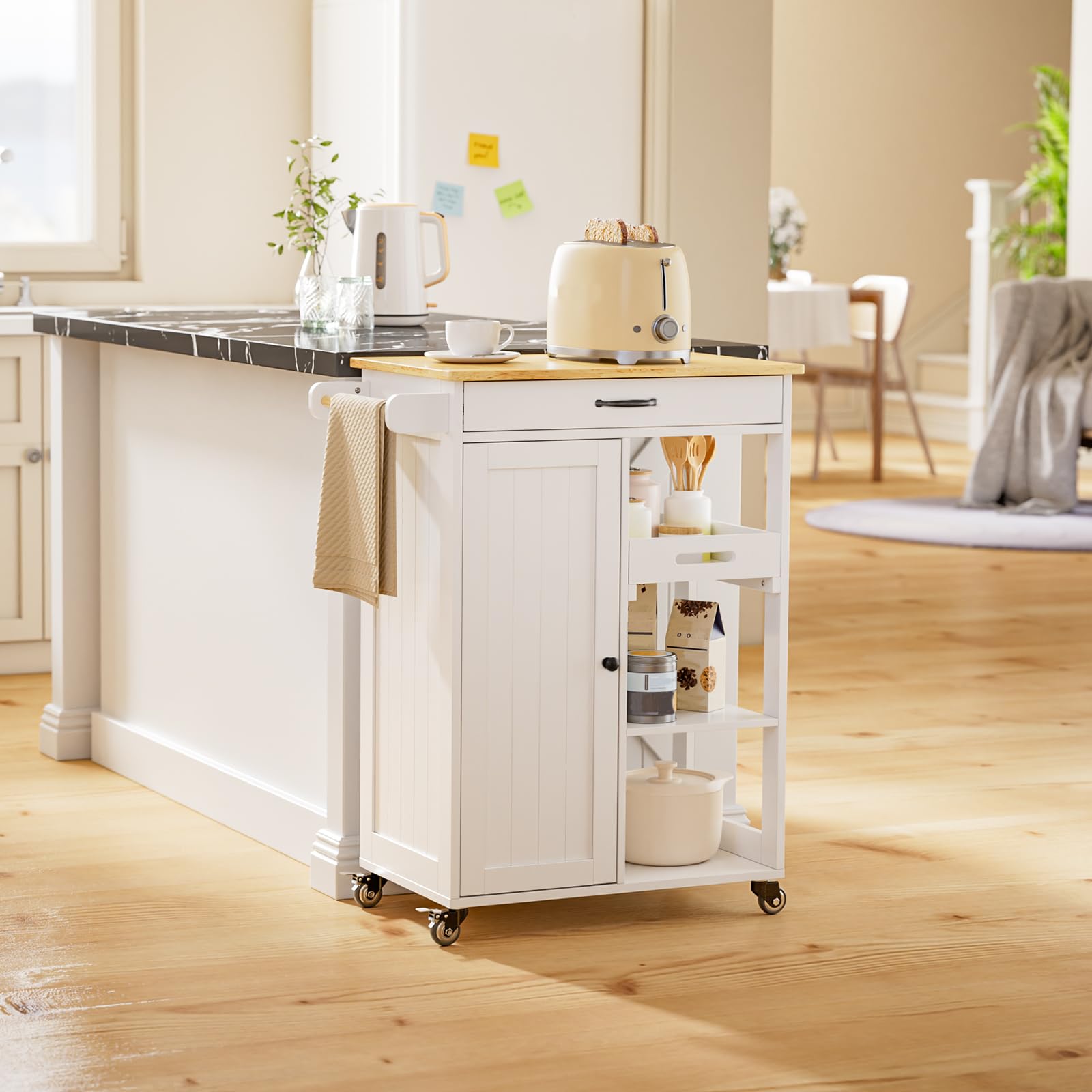 Aiho Kitchen Island Cart on Wheels with Towel Bar and Hooks, Rolling Mobile Serving Utility Cart with Drawer and Adjustable Shelves, White