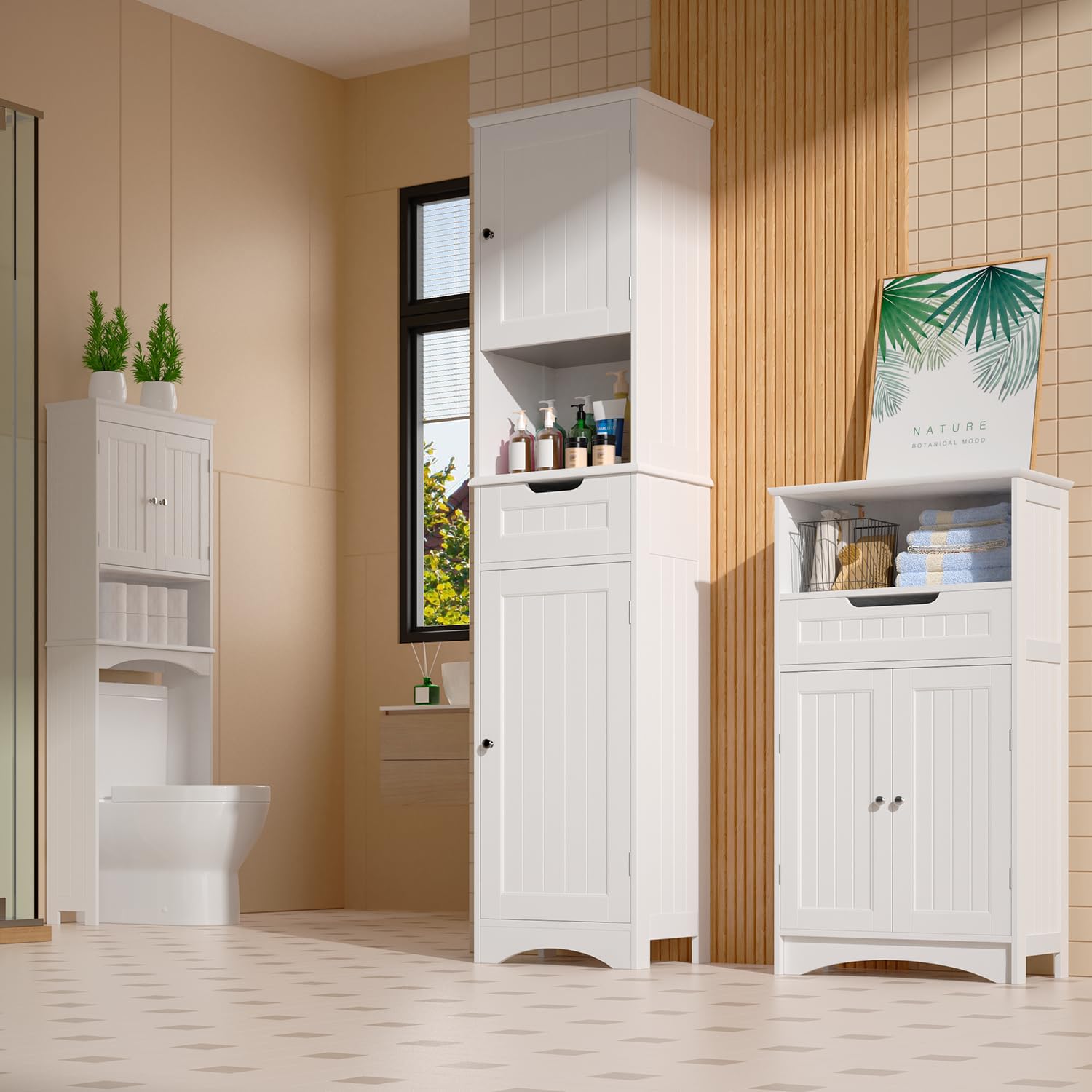 Aiho Bathroom Storage Cabinet, White Linen Cabinet, Narrow Tall Cabinet Storage Tower with Door ,Drawer and Open Storag