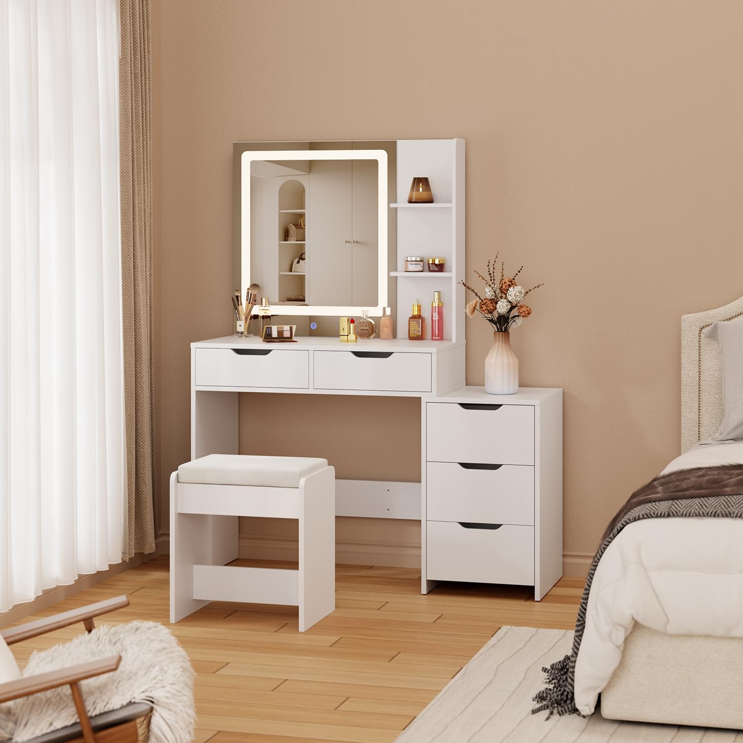 Aiho Vanity Set with Square Mirror and 3 Colors Adjustabe Lights, Makeup Vanity Desk with 5 Drawers, 3 Shelves and Vanity Stool, For Bedroom, Bathroom, Living Room and Closet Room-White