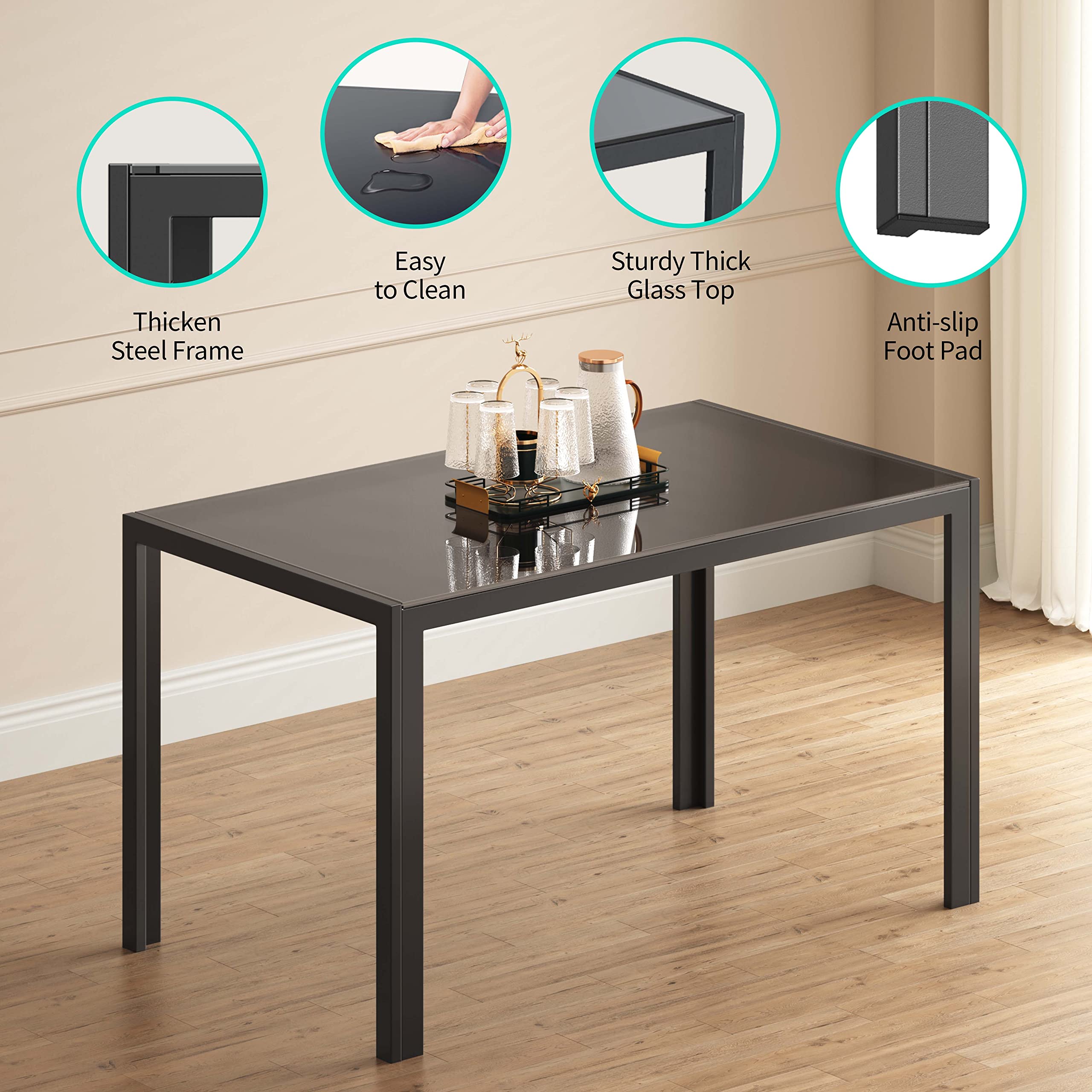Aiho 5 Piece Kitchen Dining Set with 4 PU Leather Chairs and Glass Table Top, Glass Dining Set for 4, Modern Dining Room Sets for Kitchen, Living Room - Black
